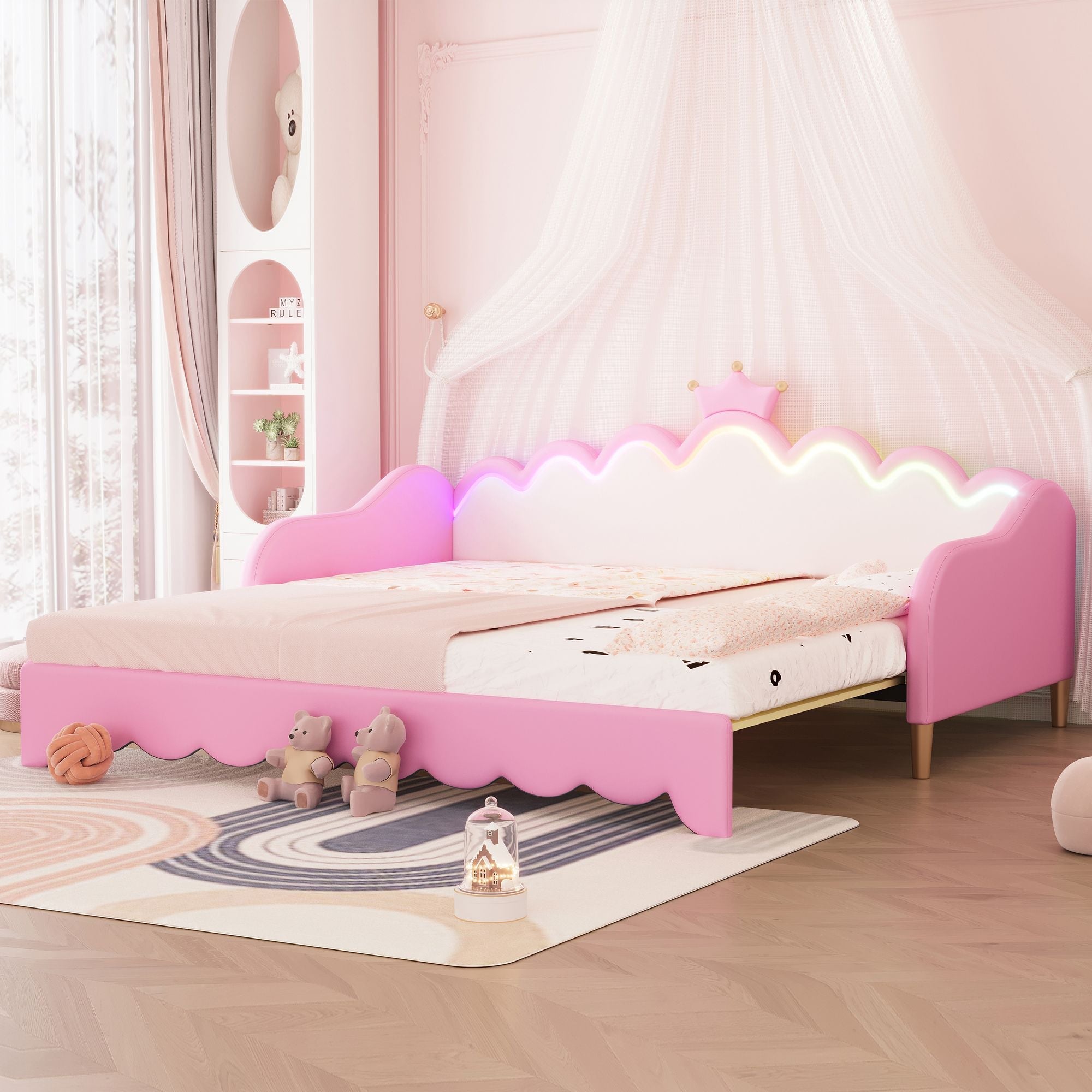 Twin Extending Daybed with LED Lights, Modern Upholstered Princess Daybed With Crown Headboard,Pink - Comfortable Living Decor