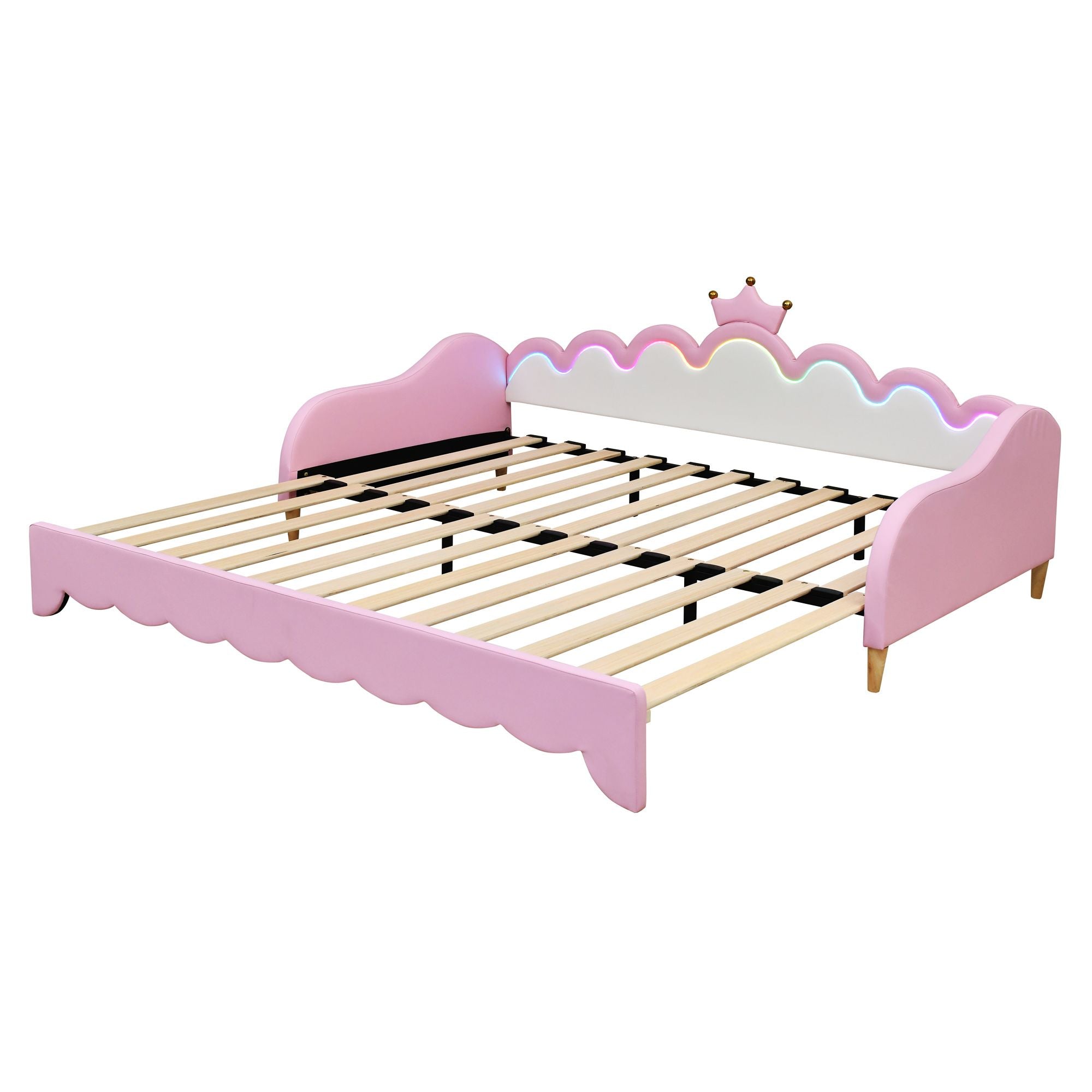 Twin Extending Daybed with LED Lights, Modern Upholstered Princess Daybed With Crown Headboard,Pink - Comfortable Living Decor