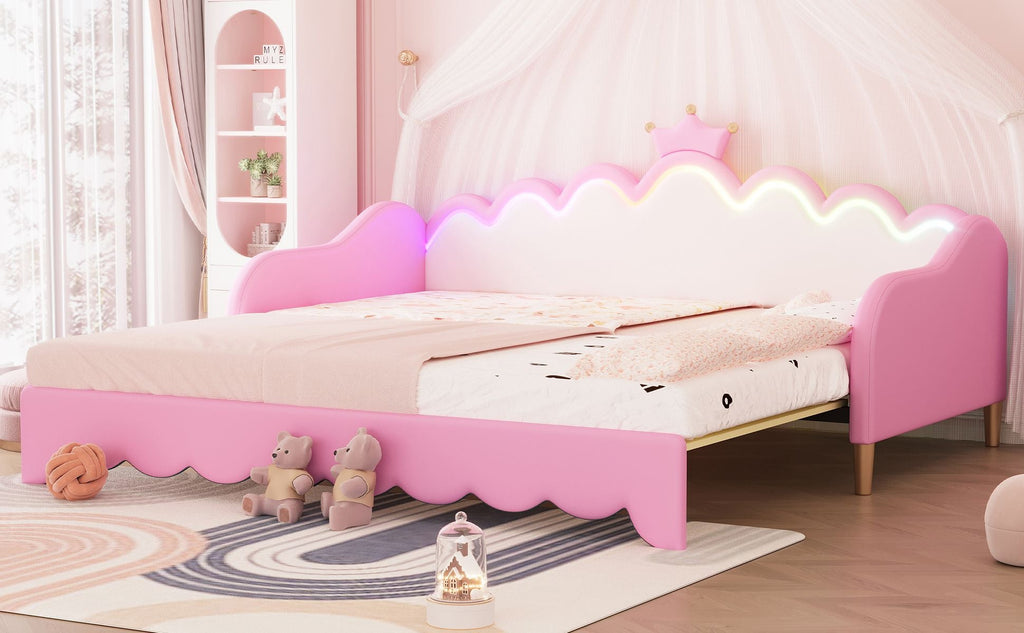 Twin Extending Daybed with LED Lights, Modern Upholstered Princess Daybed With Crown Headboard,Pink - Comfortable Living Decor