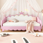 Twin Extending Daybed with LED Lights, Modern Upholstered Princess Daybed With Crown Headboard,Pink - Comfortable Living Decor