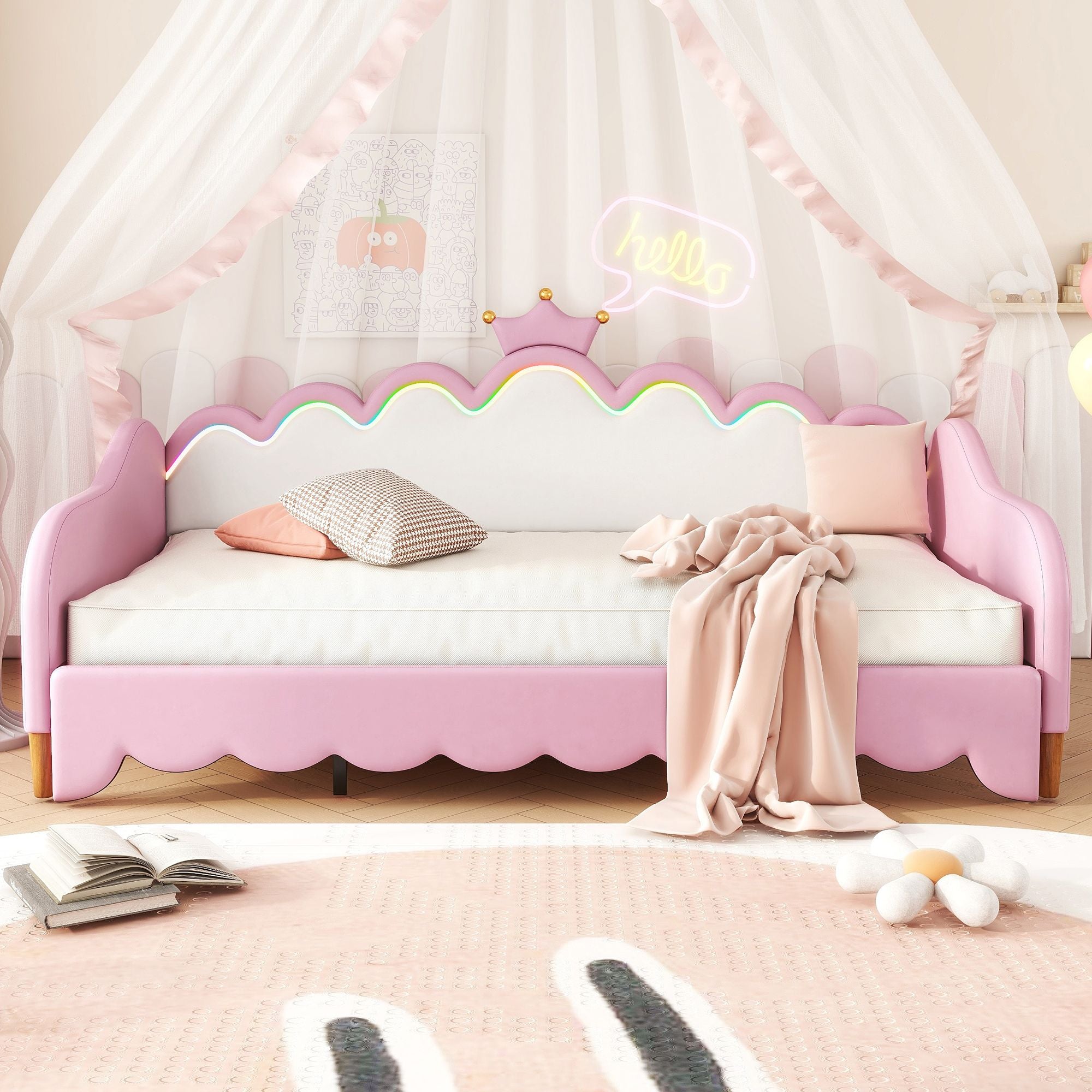 Twin Extending Daybed with LED Lights, Modern Upholstered Princess Daybed With Crown Headboard,Pink - Comfortable Living Decor