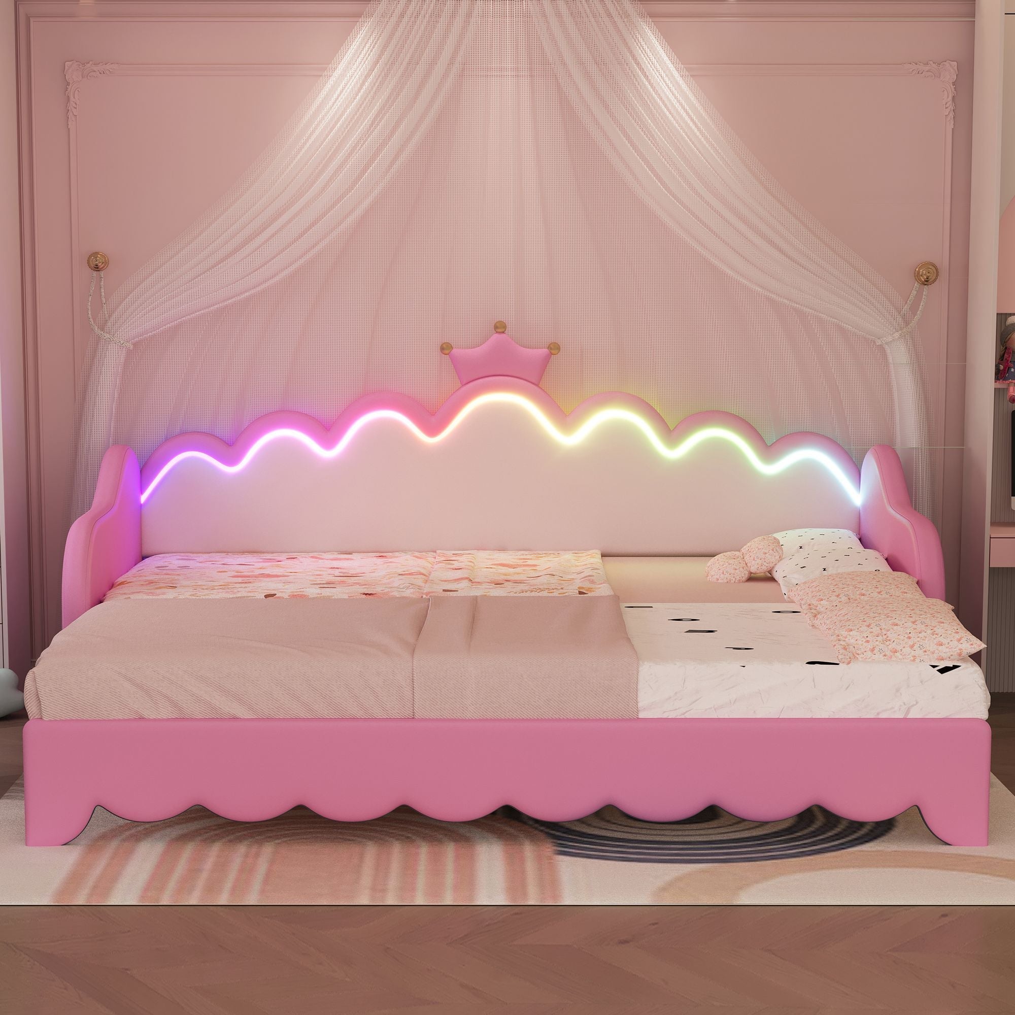 Twin Extending Daybed with LED Lights, Modern Upholstered Princess Daybed With Crown Headboard,Pink - Comfortable Living Decor