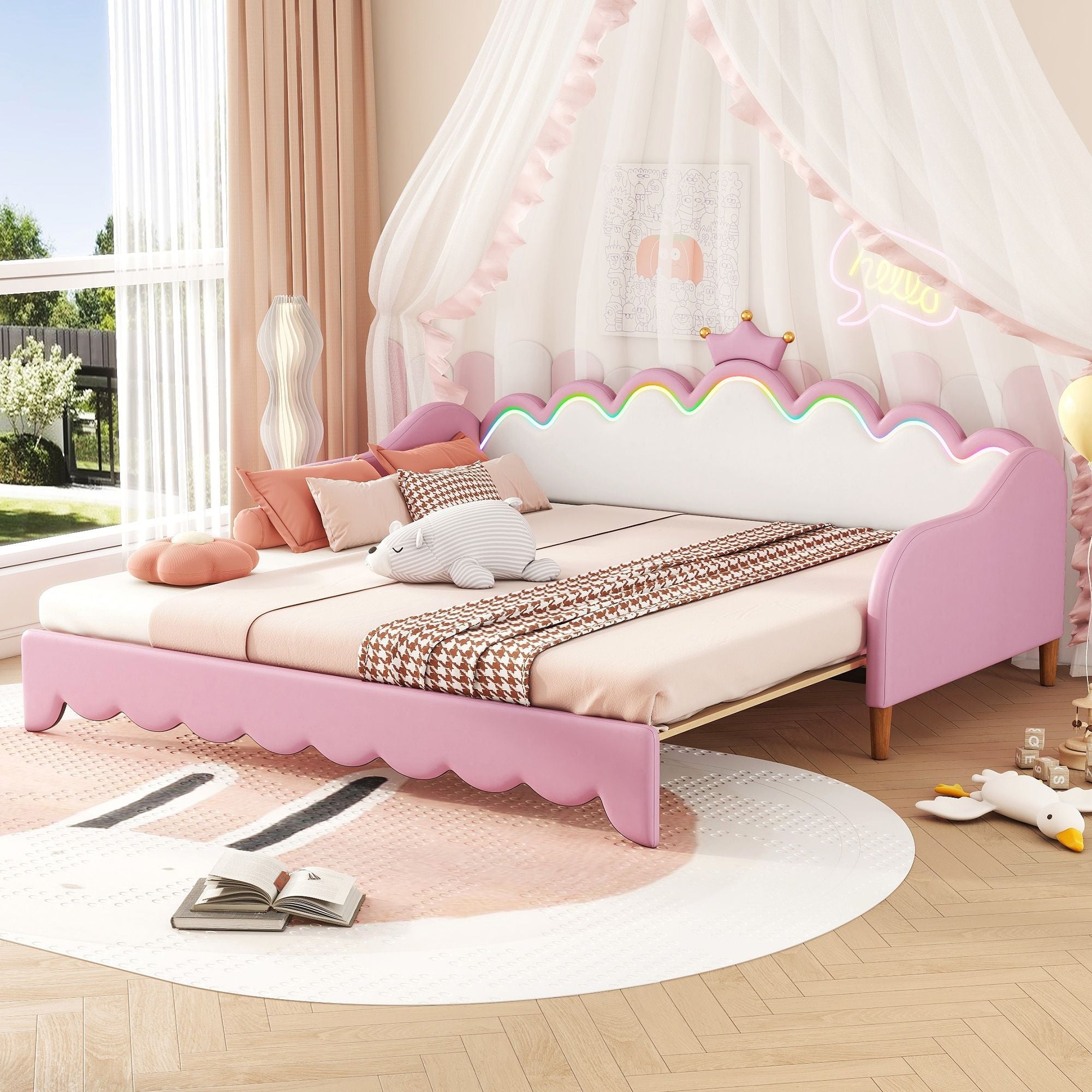 Twin Extending Daybed with LED Lights, Modern Upholstered Princess Daybed With Crown Headboard,Pink - Comfortable Living Decor