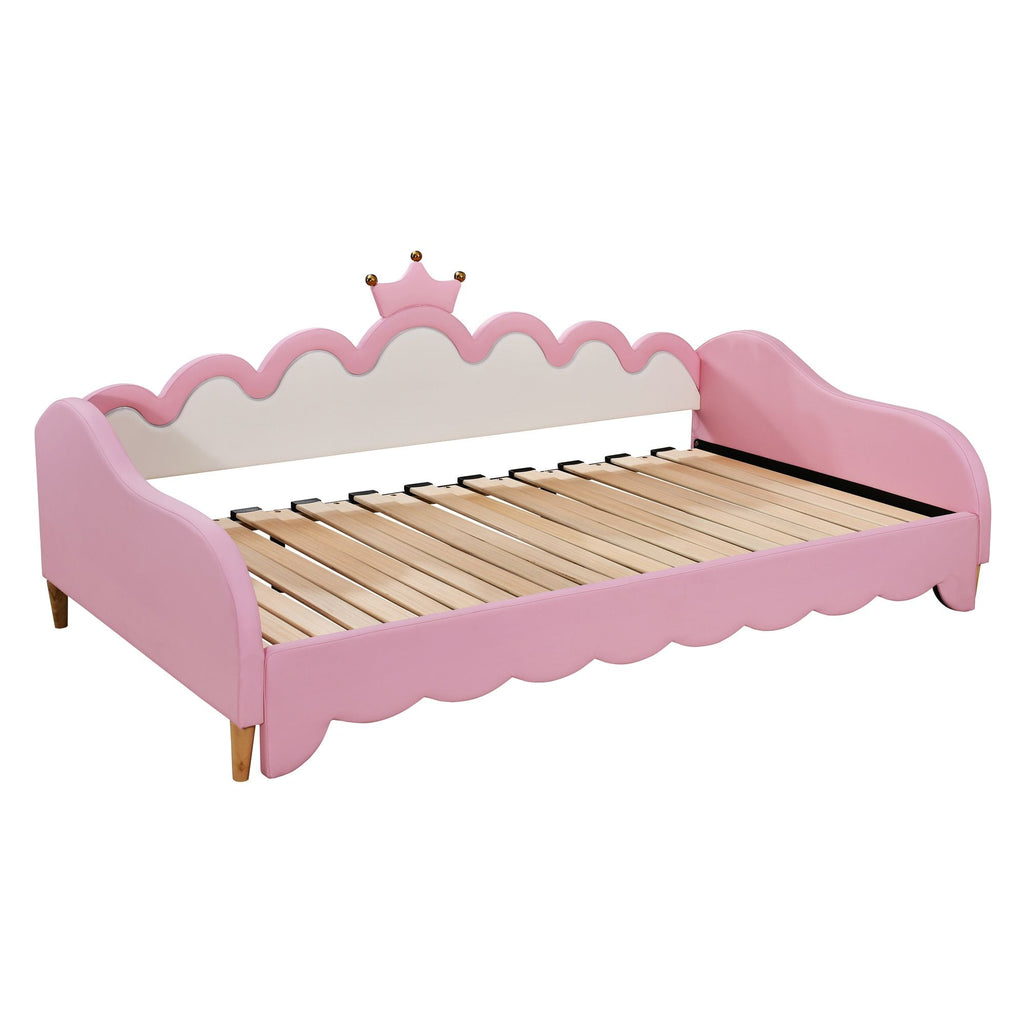 Twin Extending Daybed with LED Lights, Modern Upholstered Princess Daybed With Crown Headboard,Pink - Comfortable Living Decor