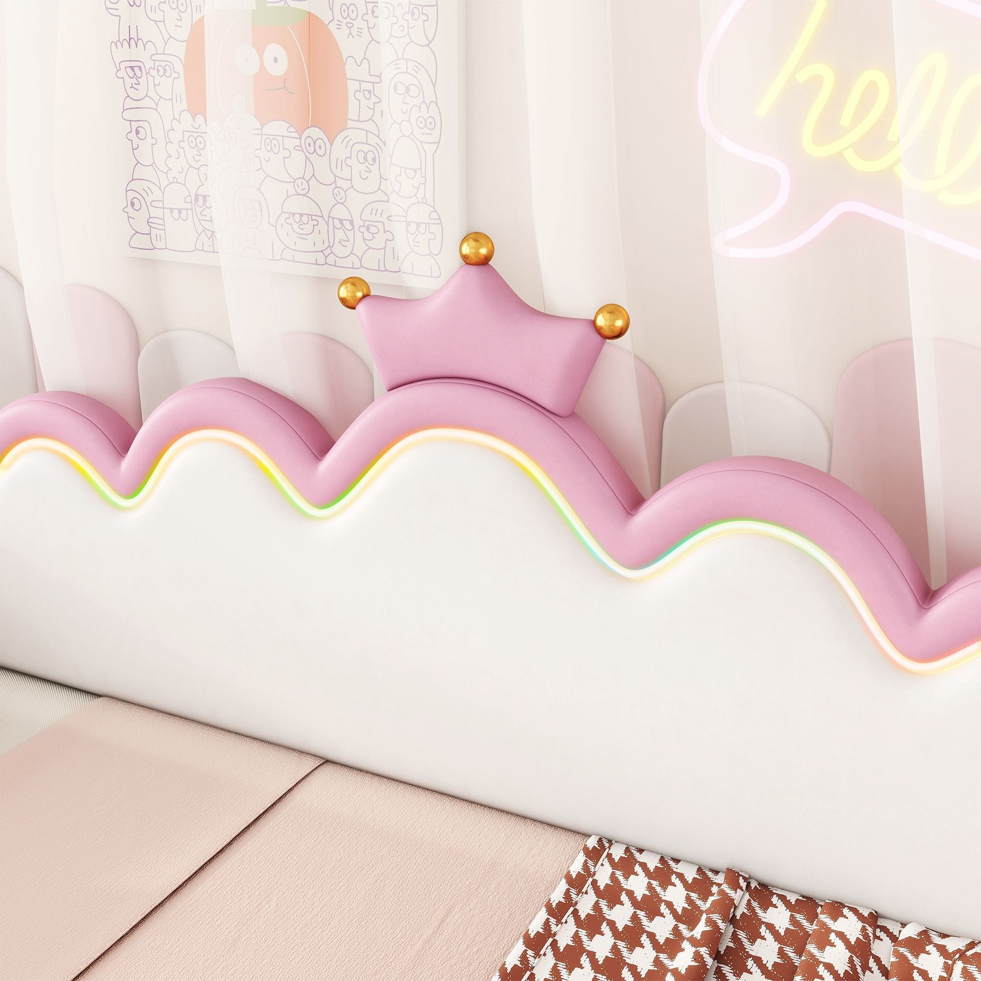 Twin Extending Daybed with LED Lights, Modern Upholstered Princess Daybed With Crown Headboard,Pink - Comfortable Living Decor