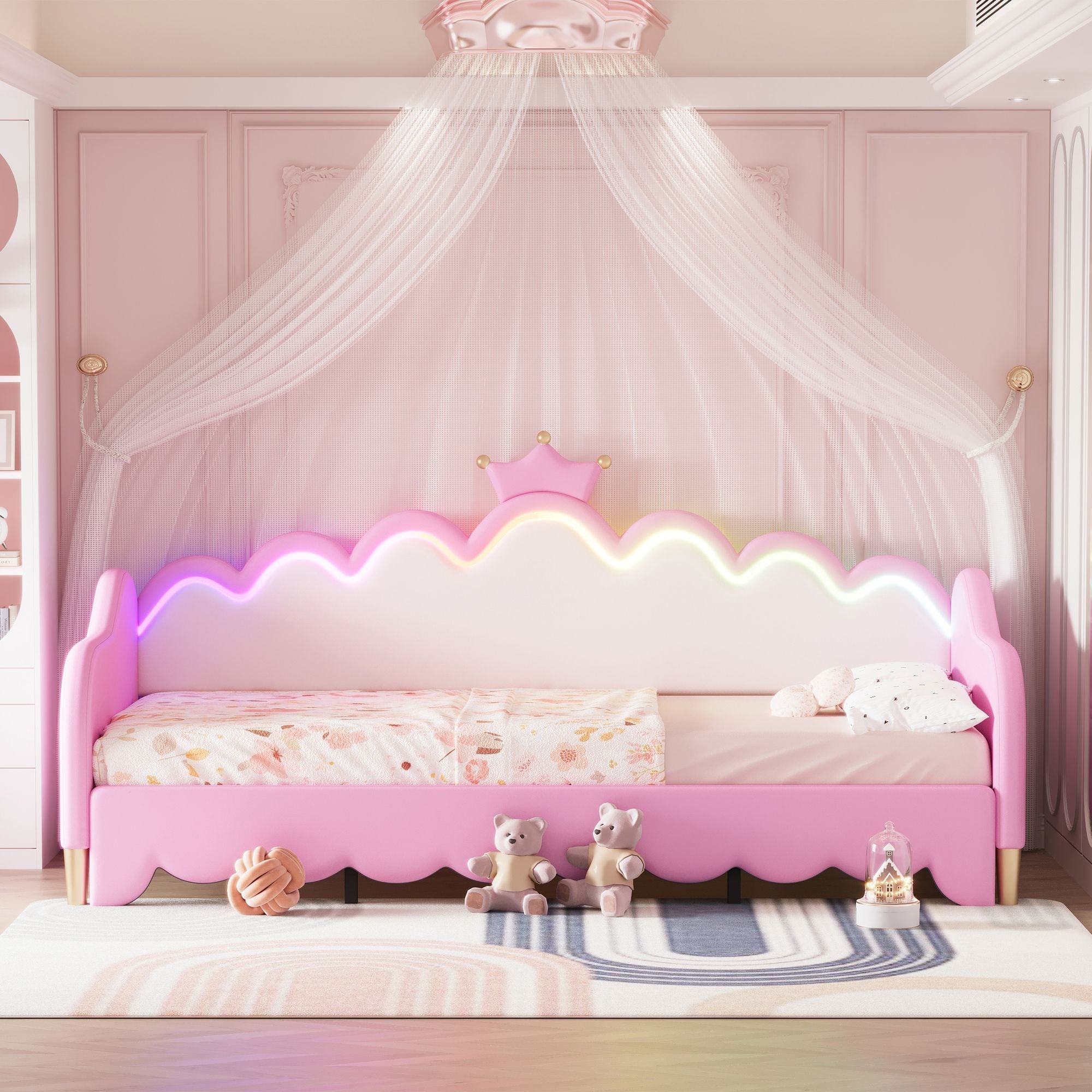 Twin Extending Daybed with LED Lights, Modern Upholstered Princess Daybed With Crown Headboard,Pink - Comfortable Living Decor