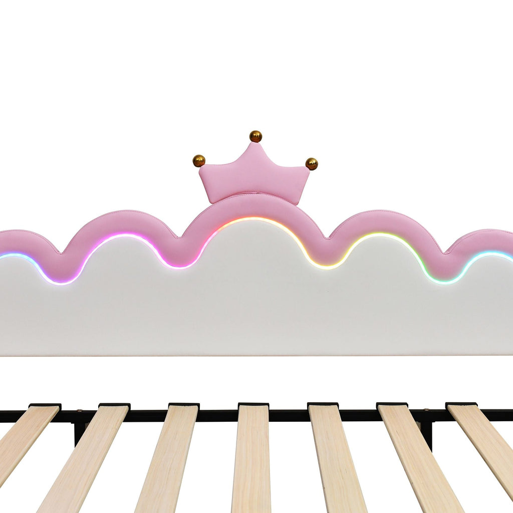 Twin Extending Daybed with LED Lights, Modern Upholstered Princess Daybed With Crown Headboard,Pink - Comfortable Living Decor