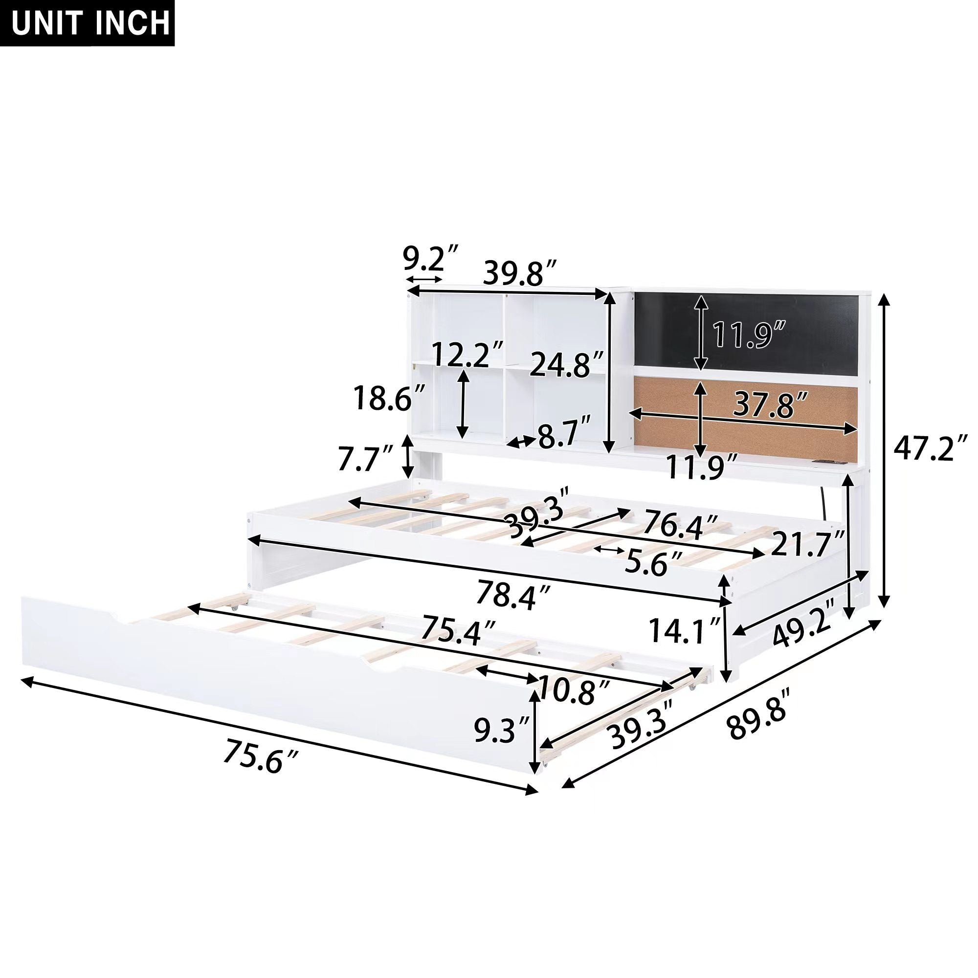 Twin Size Daybed with Storage Shelves, Blackboard, Cork board, USB Ports and Twin Size Trundle, White - Comfortable Living Decor