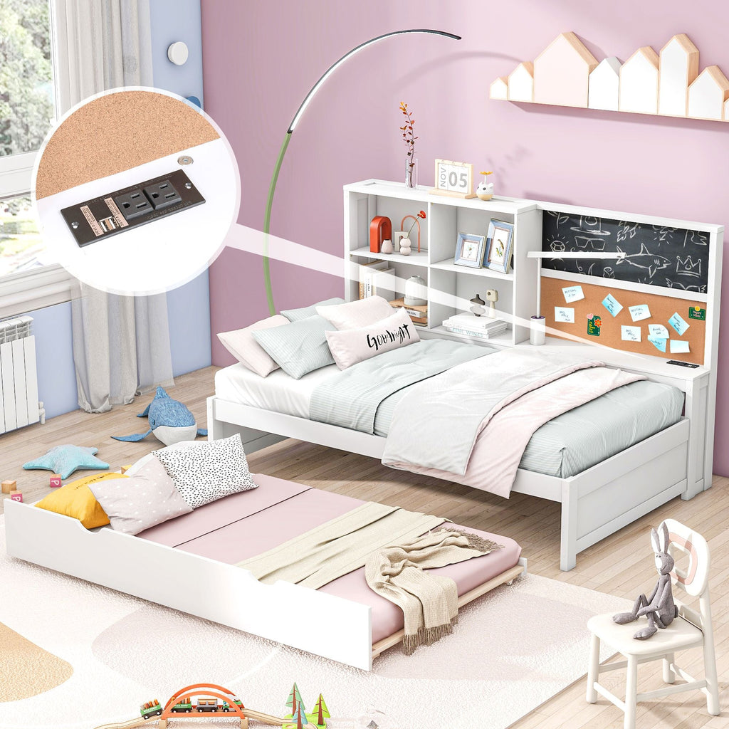 Twin Size Daybed with Storage Shelves, Blackboard, Cork board, USB Ports and Twin Size Trundle, White - Comfortable Living Decor