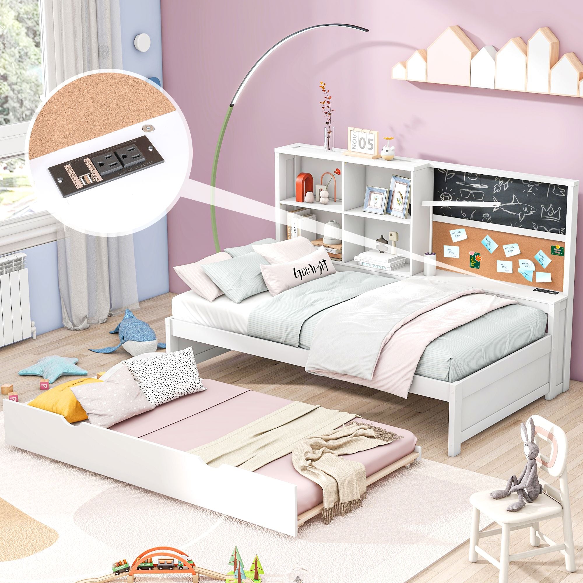 Twin Size Daybed with Storage Shelves, Blackboard, Cork board, USB Ports and Twin Size Trundle, White - Comfortable Living Decor