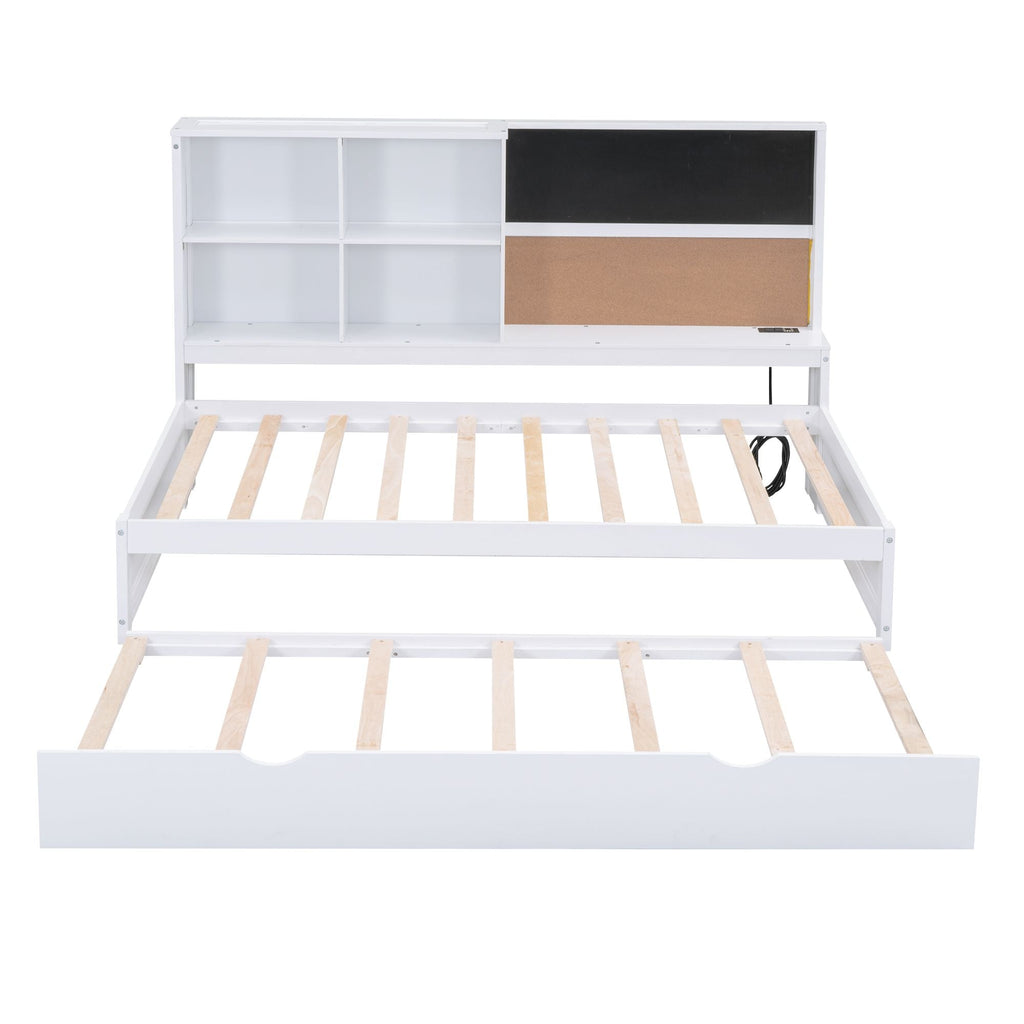 Twin Size Daybed with Storage Shelves, Blackboard, Cork board, USB Ports and Twin Size Trundle, White - Comfortable Living Decor