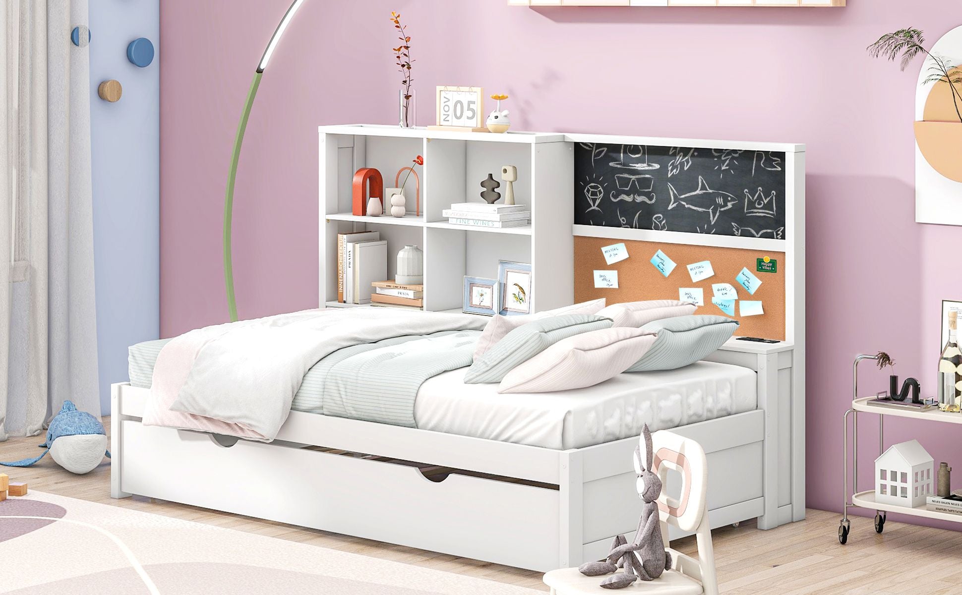 Twin Size Daybed with Storage Shelves, Blackboard, Cork board, USB Ports and Twin Size Trundle, White - Comfortable Living Decor