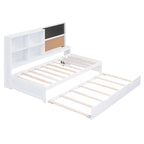 Twin Size Daybed with Storage Shelves, Blackboard, Cork board, USB Ports and Twin Size Trundle, White - Comfortable Living Decor