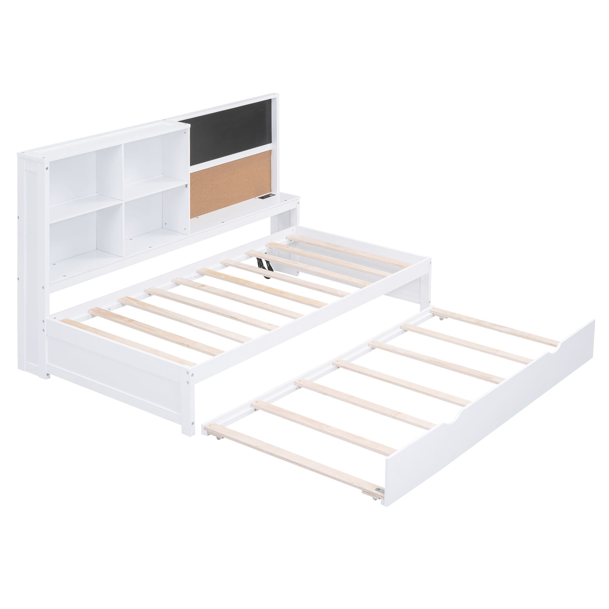 Twin Size Daybed with Storage Shelves, Blackboard, Cork board, USB Ports and Twin Size Trundle, White - Comfortable Living Decor