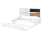 Twin Size Daybed with Storage Shelves, Blackboard, Cork board, USB Ports and Twin Size Trundle, White - Comfortable Living Decor