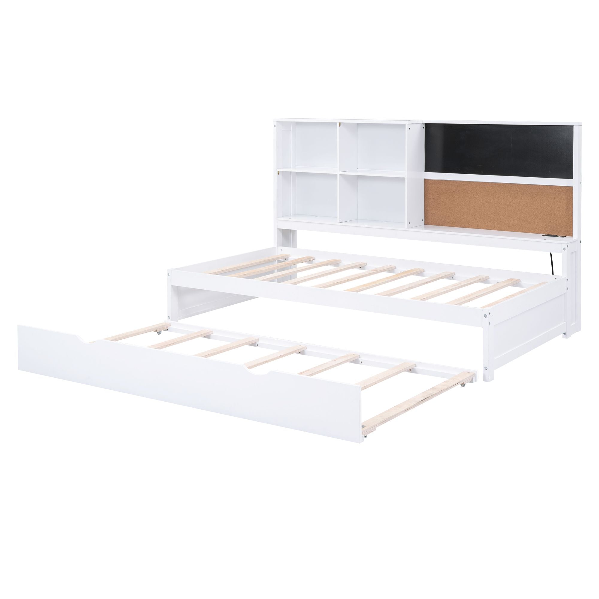 Twin Size Daybed with Storage Shelves, Blackboard, Cork board, USB Ports and Twin Size Trundle, White - Comfortable Living Decor