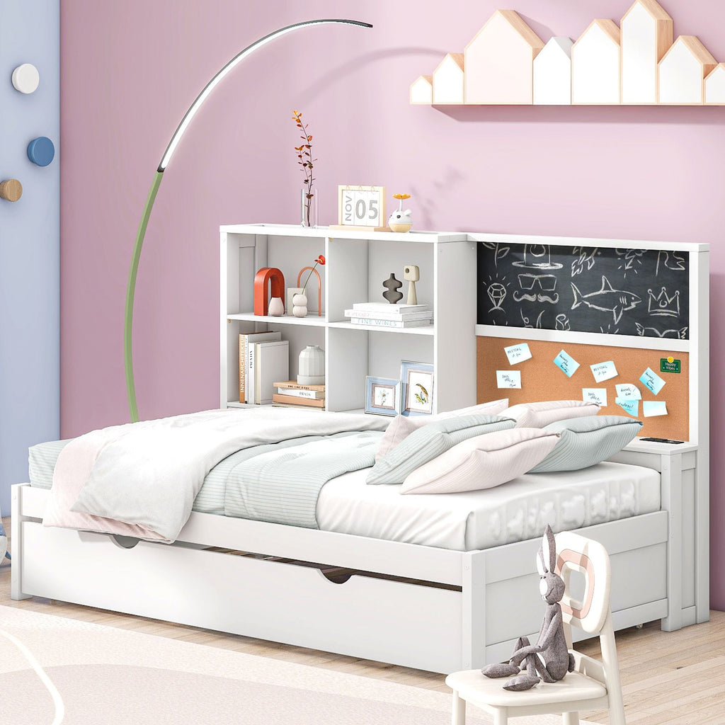 Twin Size Daybed with Storage Shelves, Blackboard, Cork board, USB Ports and Twin Size Trundle, White - Comfortable Living Decor