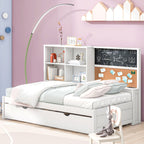 Twin Size Daybed with Storage Shelves, Blackboard, Cork board, USB Ports and Twin Size Trundle, White - Comfortable Living Decor
