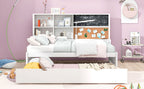 Twin Size Daybed with Storage Shelves, Blackboard, Cork board, USB Ports and Twin Size Trundle, White - Comfortable Living Decor