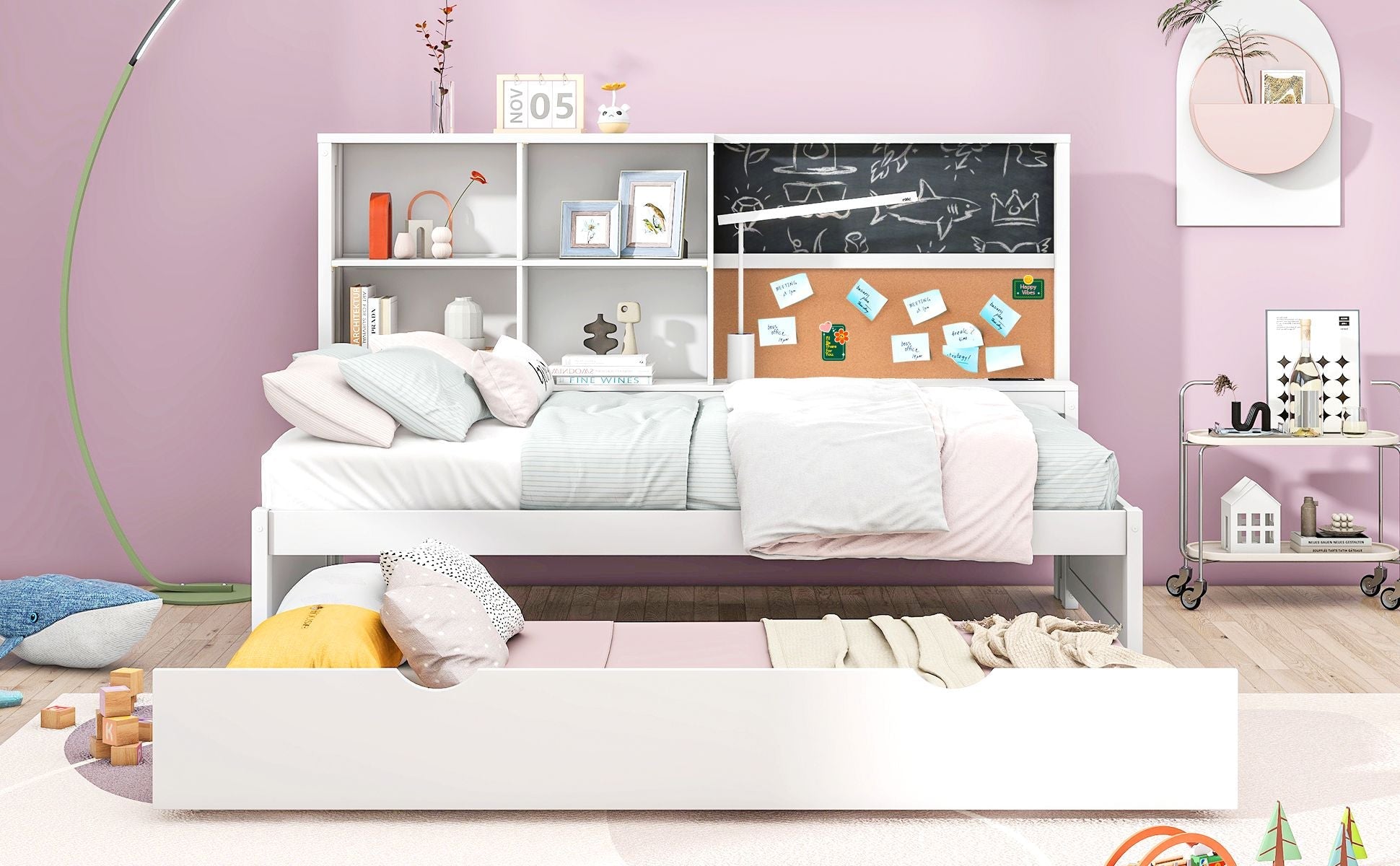 Twin Size Daybed with Storage Shelves, Blackboard, Cork board, USB Ports and Twin Size Trundle, White - Comfortable Living Decor