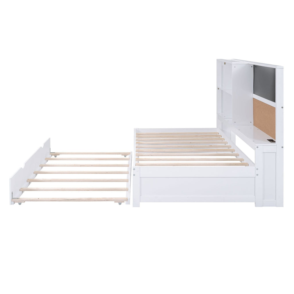 Twin Size Daybed with Storage Shelves, Blackboard, Cork board, USB Ports and Twin Size Trundle, White - Comfortable Living Decor