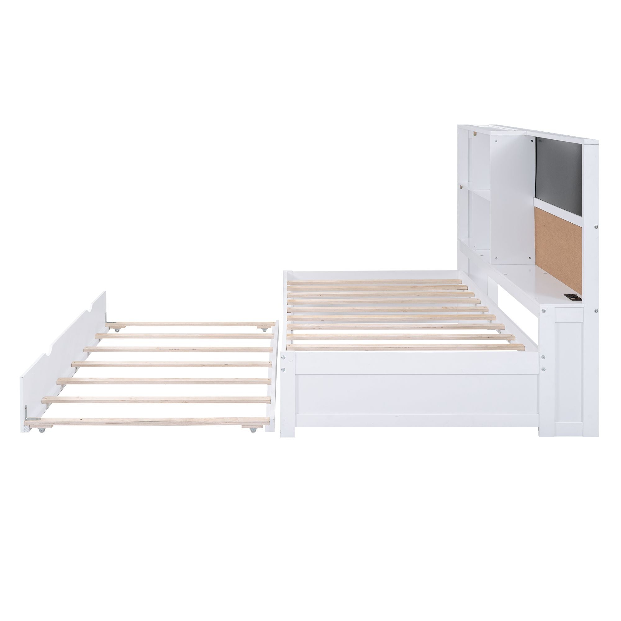 Twin Size Daybed with Storage Shelves, Blackboard, Cork board, USB Ports and Twin Size Trundle, White - Comfortable Living Decor