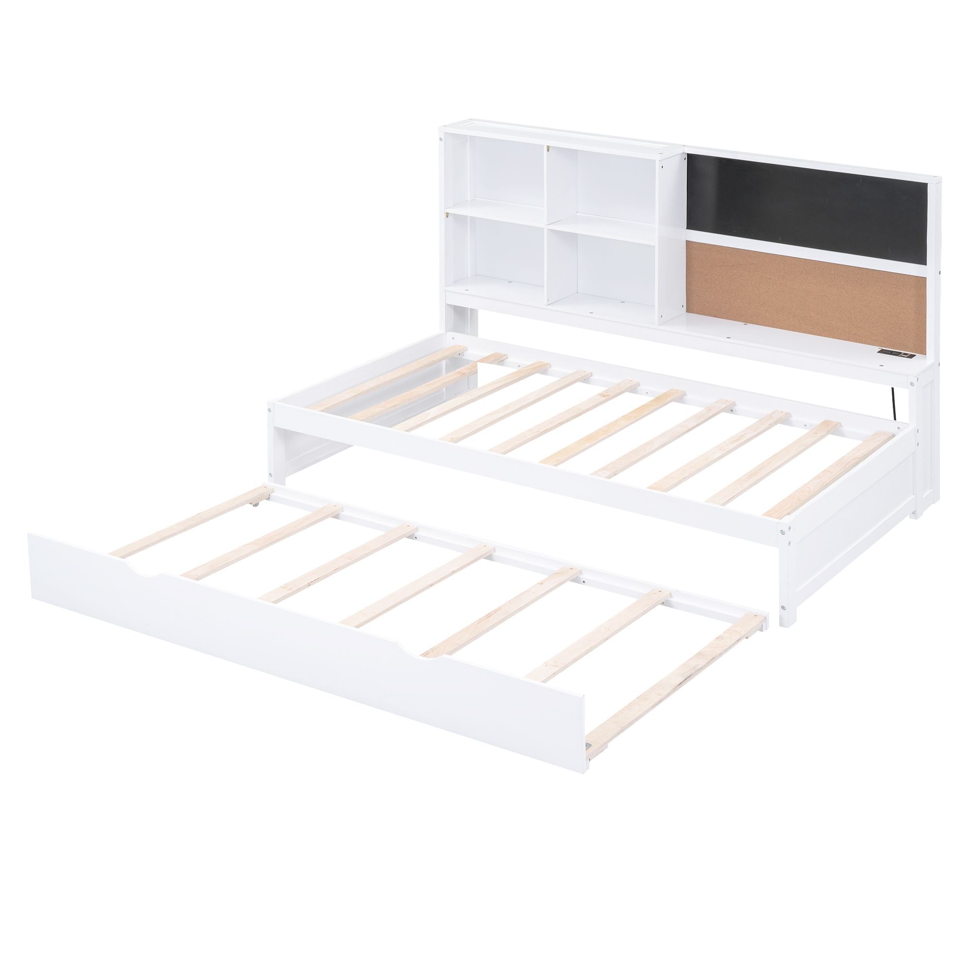 Twin Size Daybed with Storage Shelves, Blackboard, Cork board, USB Ports and Twin Size Trundle, White - Comfortable Living Decor