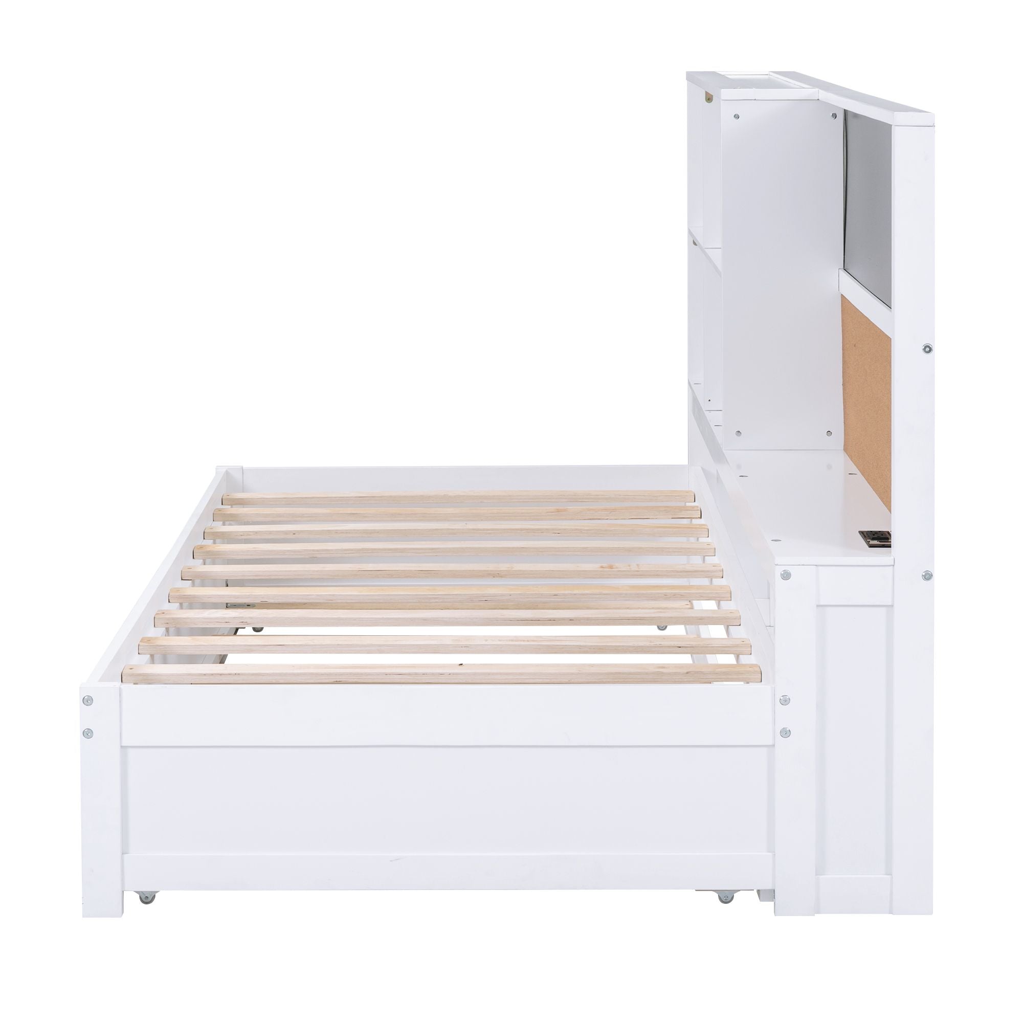 Twin Size Daybed with Storage Shelves, Blackboard, Cork board, USB Ports and Twin Size Trundle, White - Comfortable Living Decor
