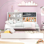 Twin Size Daybed with Storage Shelves, Blackboard, Cork board, USB Ports and Twin Size Trundle, White - Comfortable Living Decor