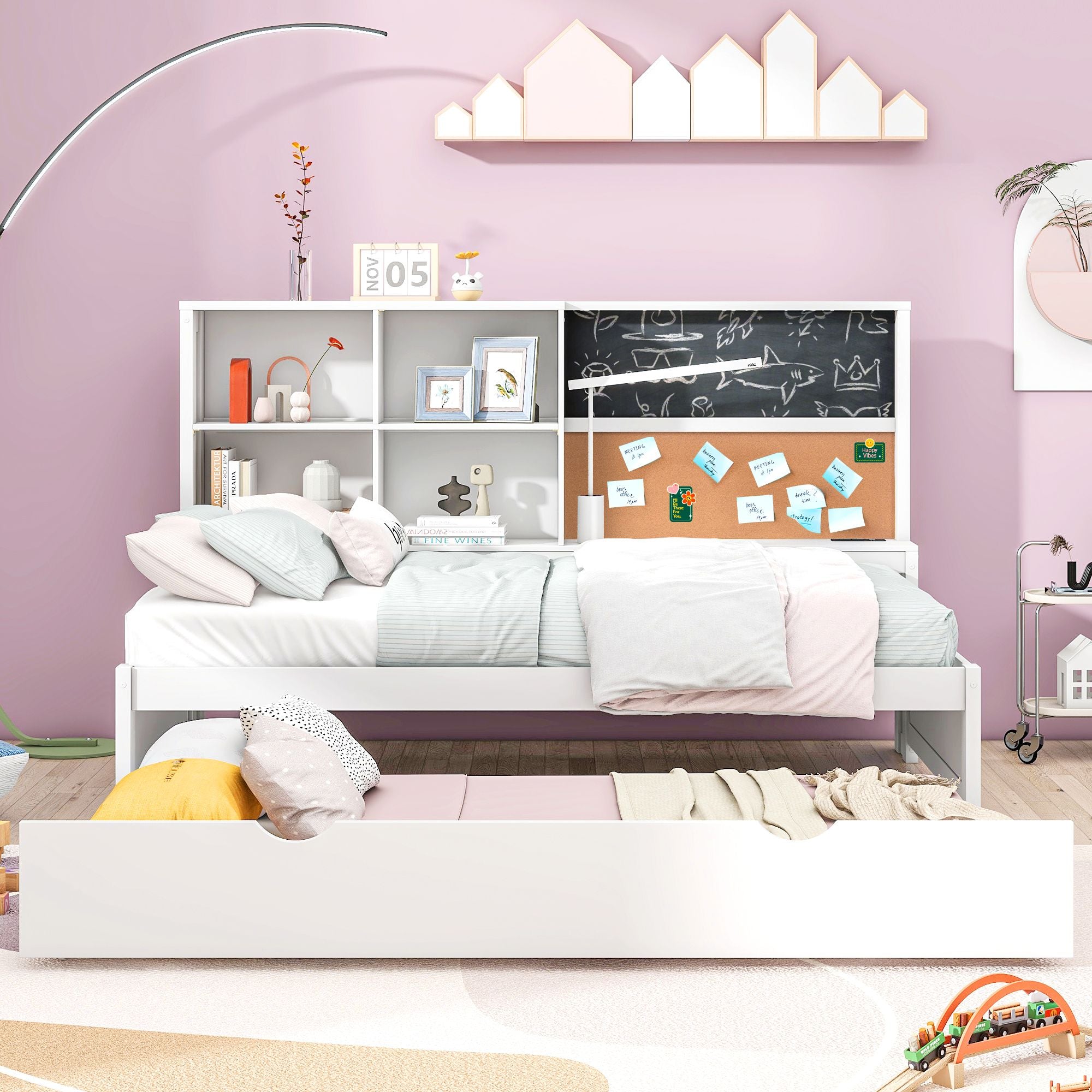 Twin Size Daybed with Storage Shelves, Blackboard, Cork board, USB Ports and Twin Size Trundle, White - Comfortable Living Decor