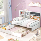 Twin Size Daybed with Storage Shelves, Blackboard, Cork board, USB Ports and Twin Size Trundle, White - Comfortable Living Decor