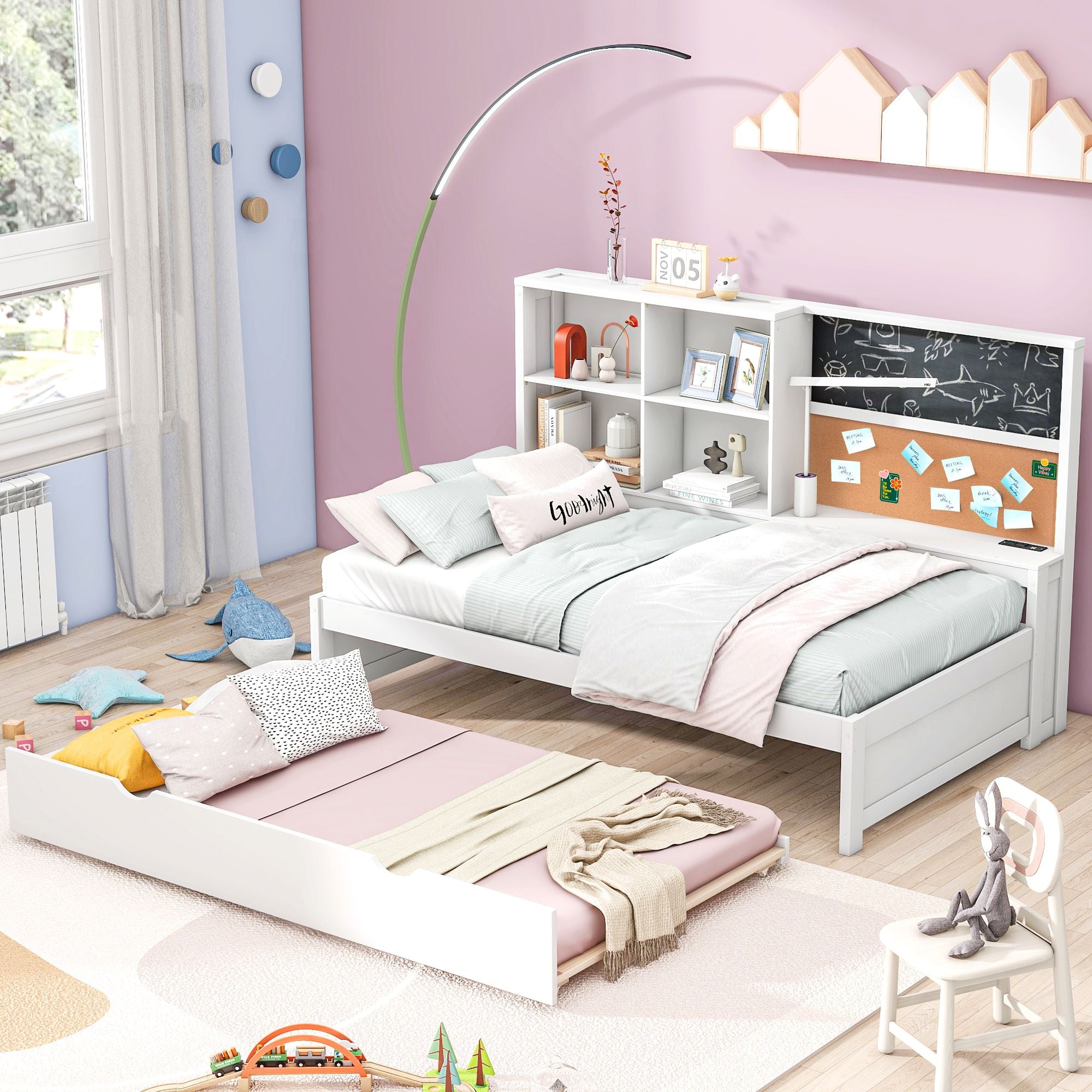 Twin Size Daybed with Storage Shelves, Blackboard, Cork board, USB Ports and Twin Size Trundle, White - Comfortable Living Decor