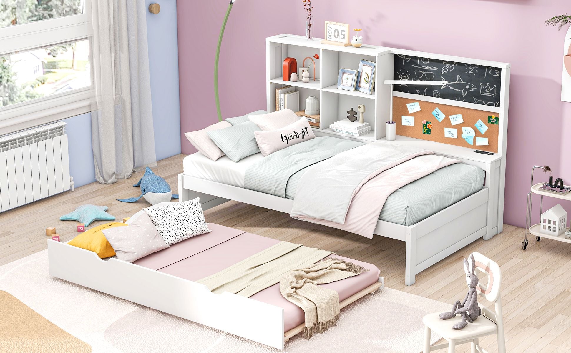 Twin Size Daybed with Storage Shelves, Blackboard, Cork board, USB Ports and Twin Size Trundle, White - Comfortable Living Decor
