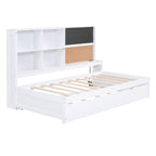 Twin Size Daybed with Storage Shelves, Blackboard, Cork board, USB Ports and Twin Size Trundle, White - Comfortable Living Decor