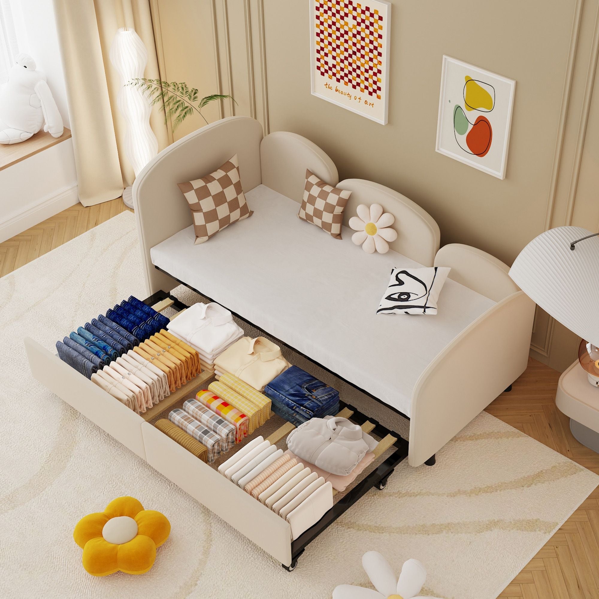 Twin Size Twin Size Bed frames With An Another Bed Frame, Velvet Upholstered Daybed, Modern Sofa Bed Daybed Frame for Bedroom Living Room, Suitable for Living Room, Kids Room, Bedroom (Beige) - Comfortable Living Decor