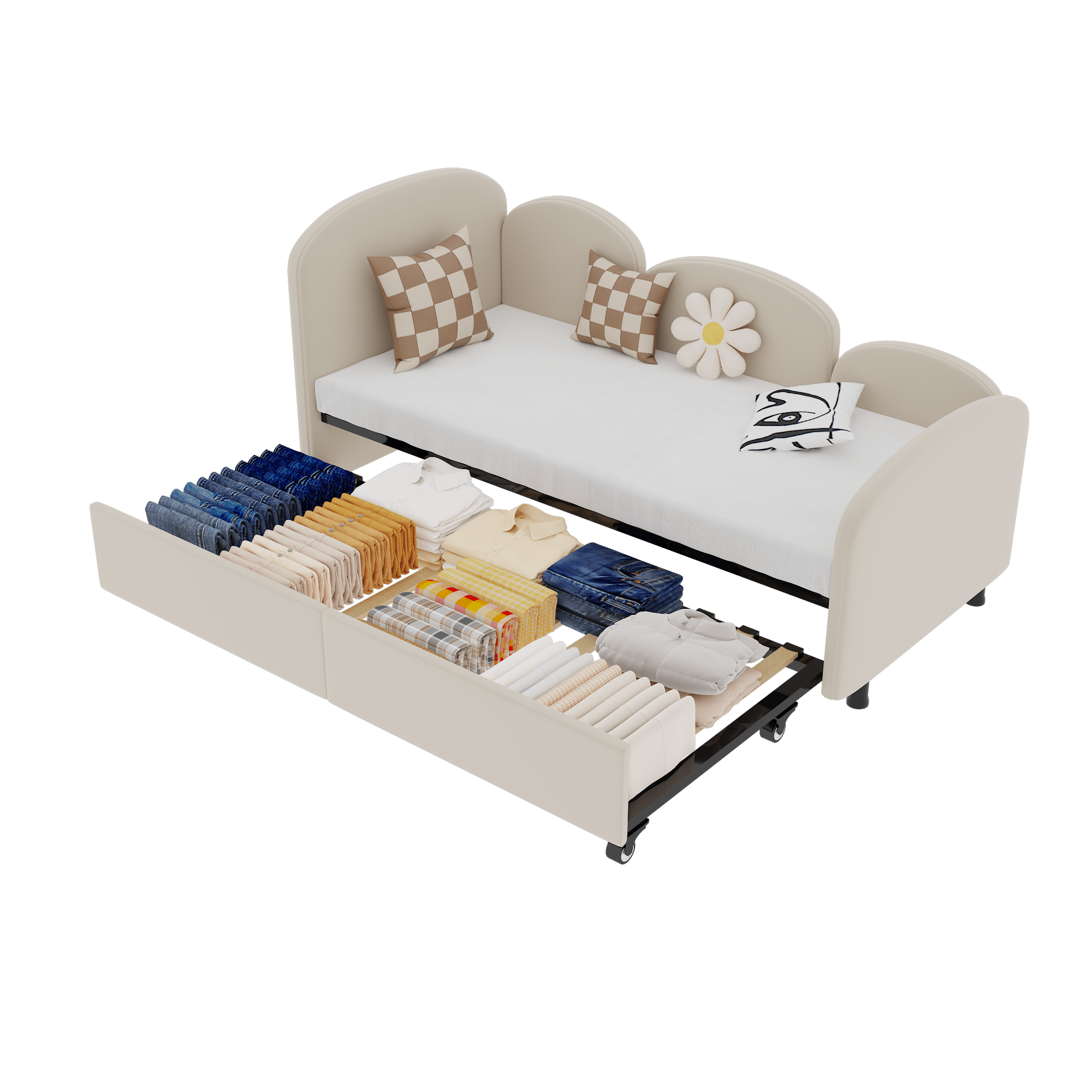 Twin Size Twin Size Bed frames With An Another Bed Frame, Velvet Upholstered Daybed, Modern Sofa Bed Daybed Frame for Bedroom Living Room, Suitable for Living Room, Kids Room, Bedroom (Beige) - Comfortable Living Decor