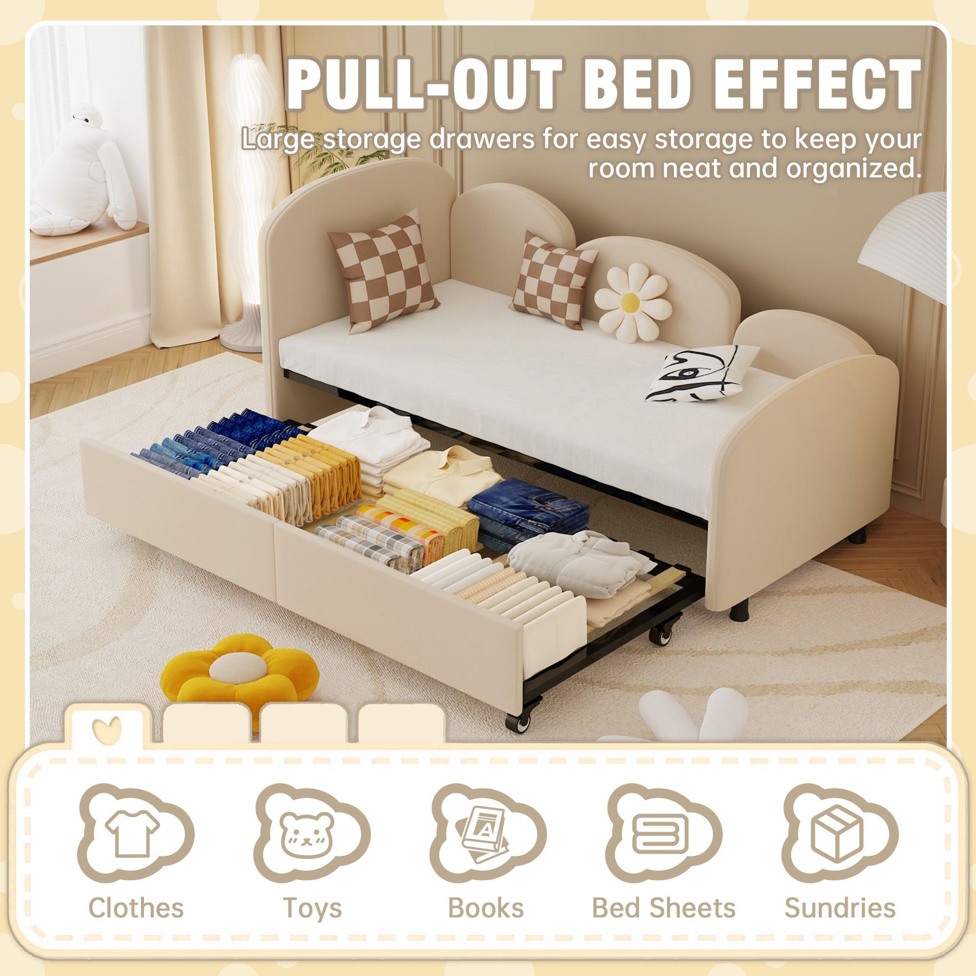 Twin Size Twin Size Bed frames With An Another Bed Frame, Velvet Upholstered Daybed, Modern Sofa Bed Daybed Frame for Bedroom Living Room, Suitable for Living Room, Kids Room, Bedroom (Beige) - Comfortable Living Decor