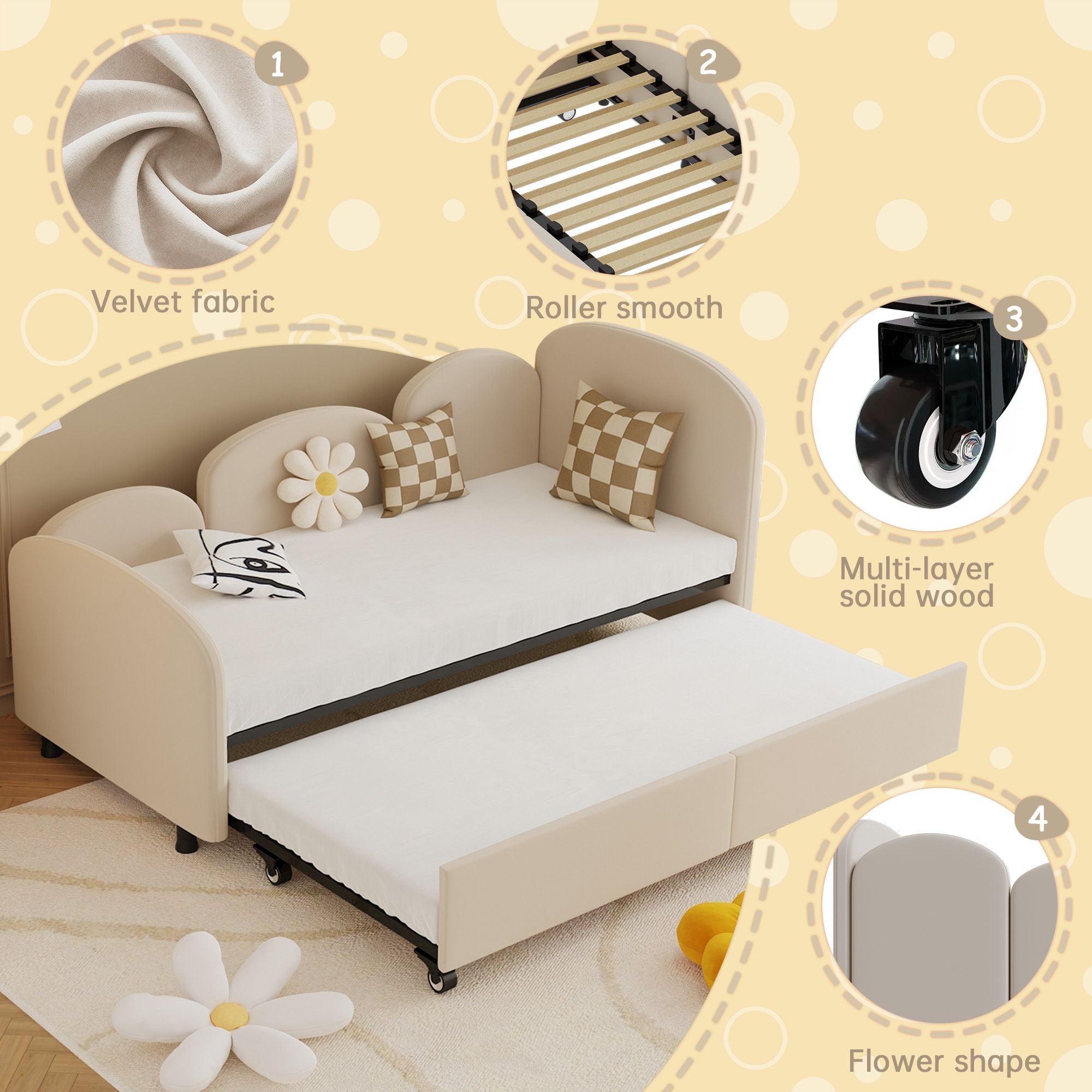 Twin Size Twin Size Bed frames With An Another Bed Frame, Velvet Upholstered Daybed, Modern Sofa Bed Daybed Frame for Bedroom Living Room, Suitable for Living Room, Kids Room, Bedroom (Beige) - Comfortable Living Decor