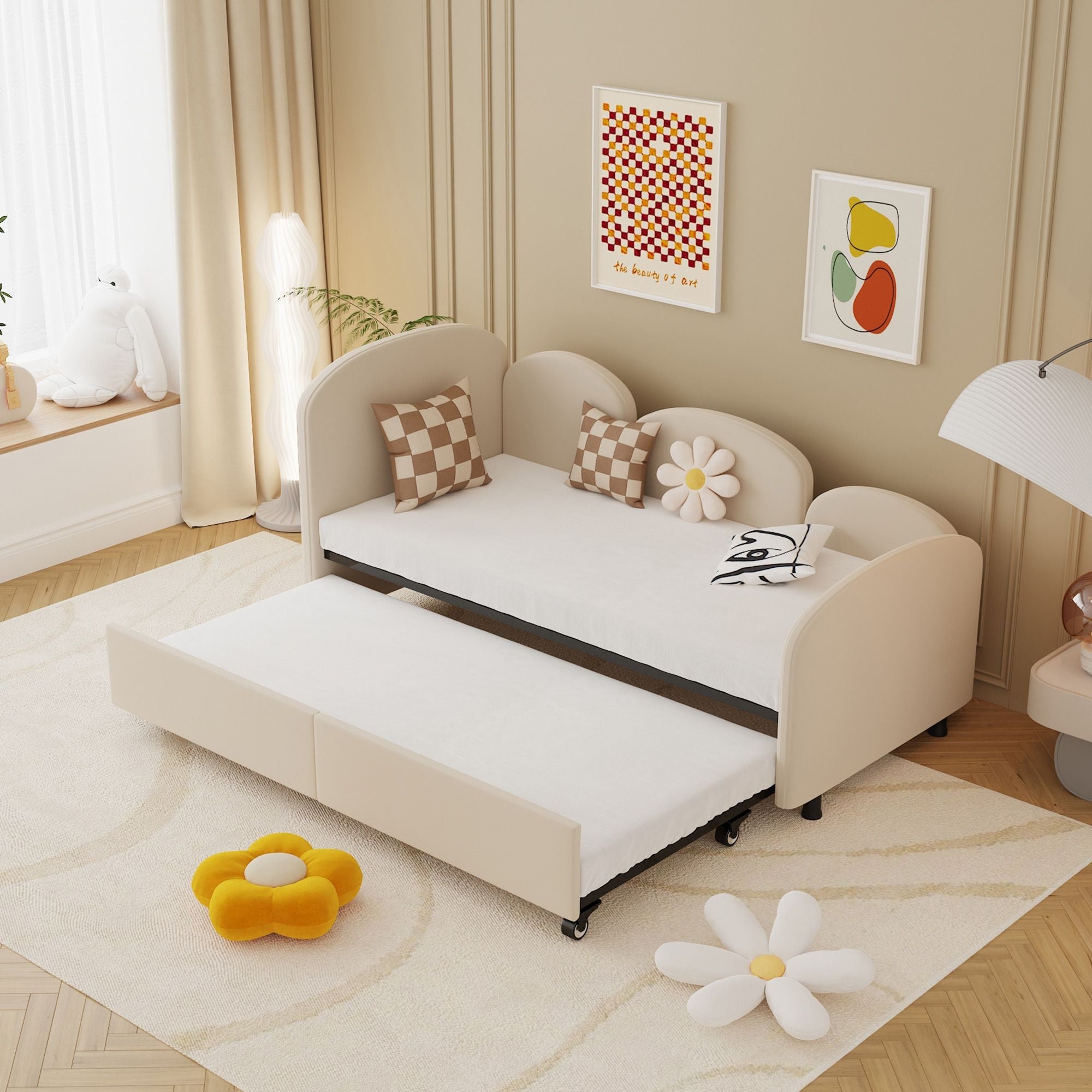 Twin Size Twin Size Bed frames With An Another Bed Frame, Velvet Upholstered Daybed, Modern Sofa Bed Daybed Frame for Bedroom Living Room, Suitable for Living Room, Kids Room, Bedroom (Beige) - Comfortable Living Decor