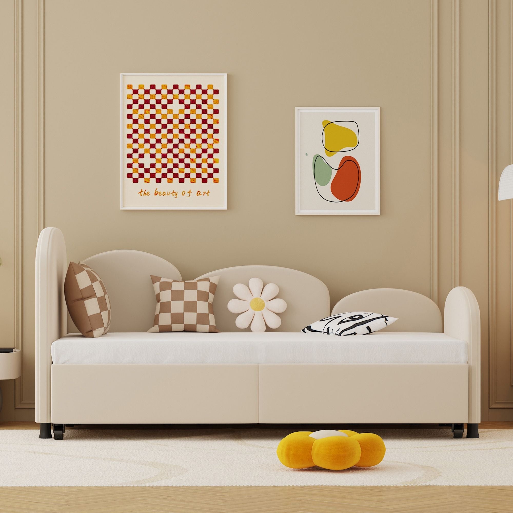 Twin Size Twin Size Bed frames With An Another Bed Frame, Velvet Upholstered Daybed, Modern Sofa Bed Daybed Frame for Bedroom Living Room, Suitable for Living Room, Kids Room, Bedroom (Beige) - Comfortable Living Decor