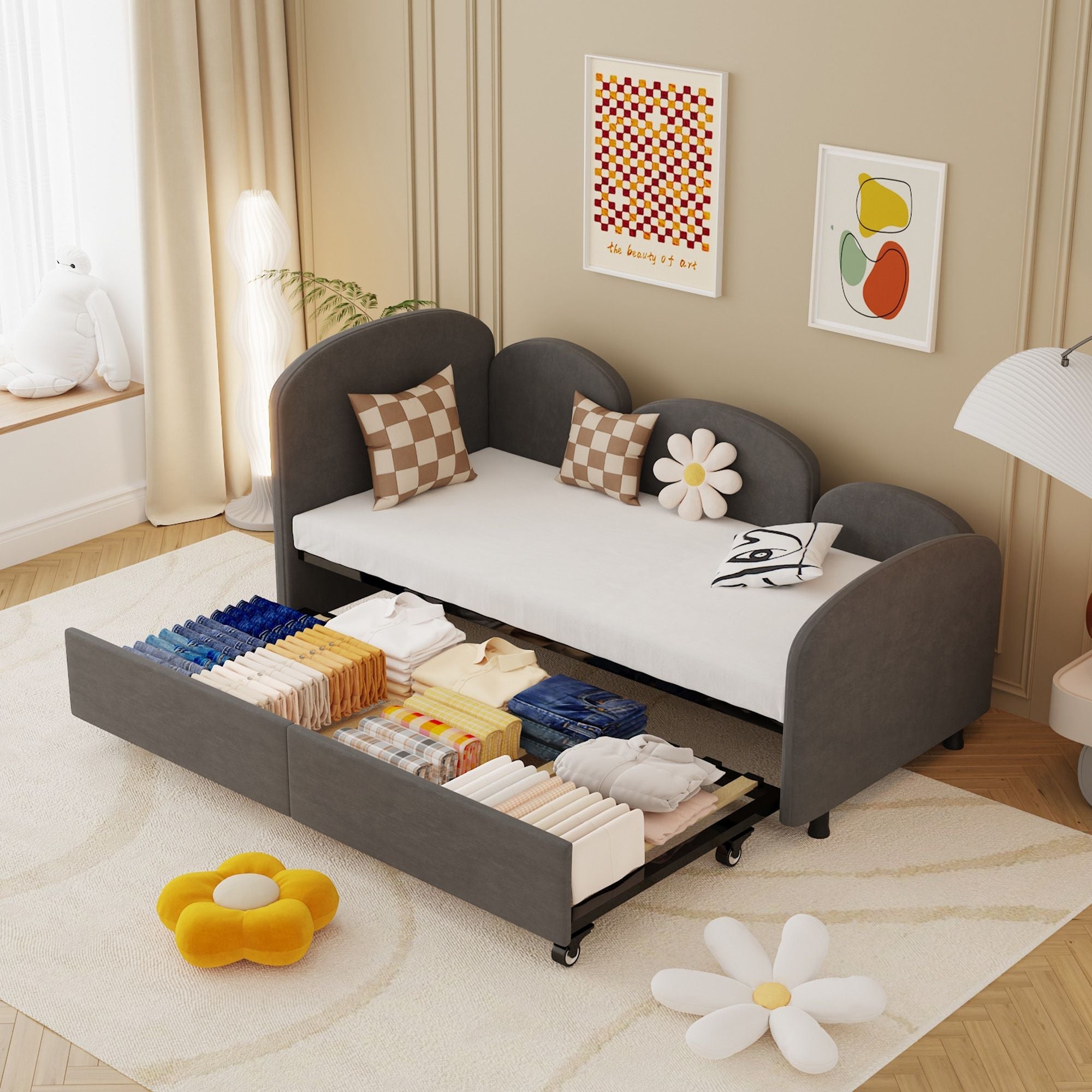 Twin Size Upholstered Daybed with Storage Drawers, Velvet Upholstered Daybed, Modern Sofa Bed Daybed Frame for Bedroom Living Room, Suitable for Living Room, Kids Room, Bedroom (Dark Gray) - Comfortable Living Decor