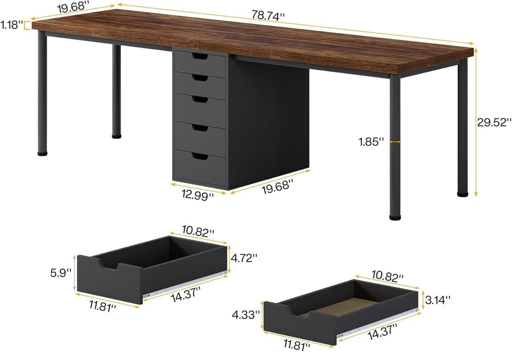 Two Person Computer Desk with 5 Drawers, 78.7 Inches Extra Long Double Office Desk, Modern Simple Double Computer Desk Study Writing Table Workstation - Comfortable Living Decor