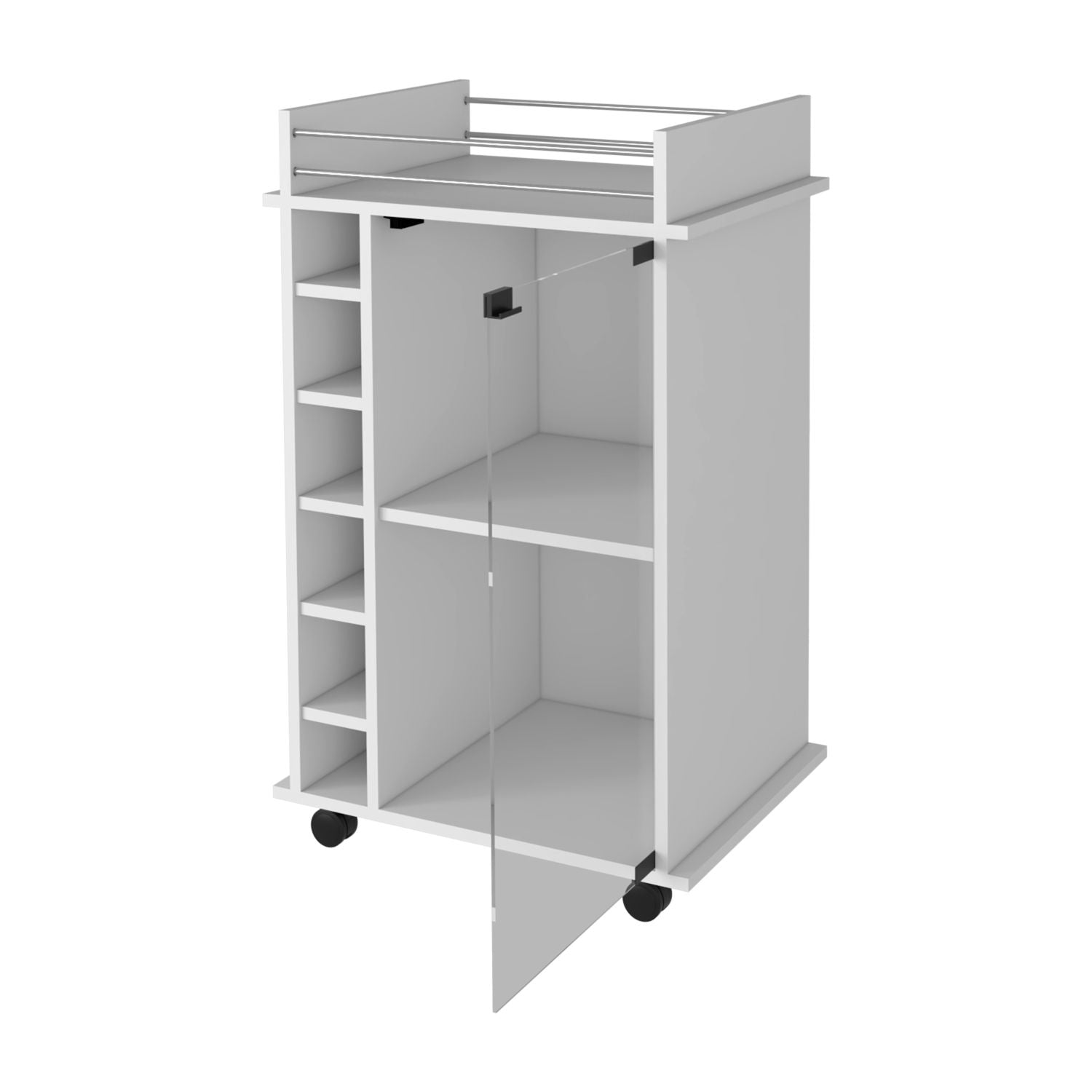Vegas Bar Cart, Two Tier Cabinet With Glass Door, Six Cubbies For Liquor - Comfortable Living Decor