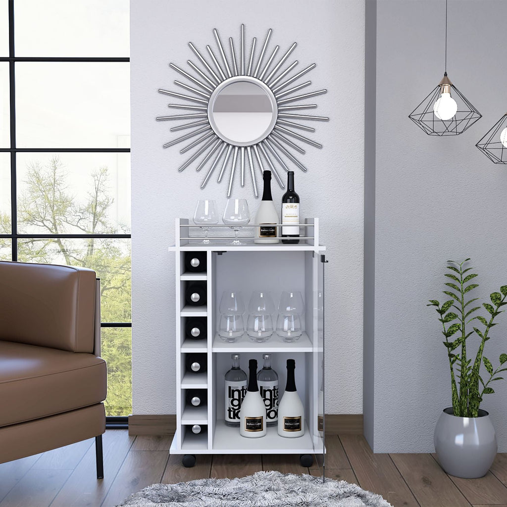 Vegas Bar Cart, Two Tier Cabinet With Glass Door, Six Cubbies For Liquor - Comfortable Living Decor