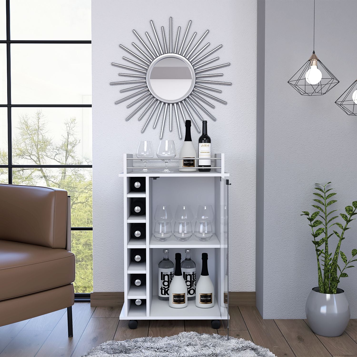 Vegas Bar Cart, Two Tier Cabinet With Glass Door, Six Cubbies For Liquor - Comfortable Living Decor