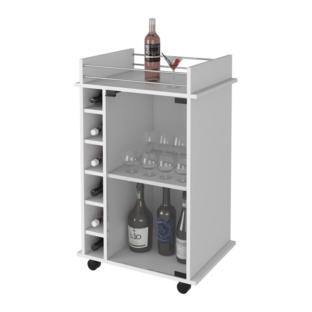 Vegas Bar Cart, Two Tier Cabinet With Glass Door, Six Cubbies For Liquor - Comfortable Living Decor