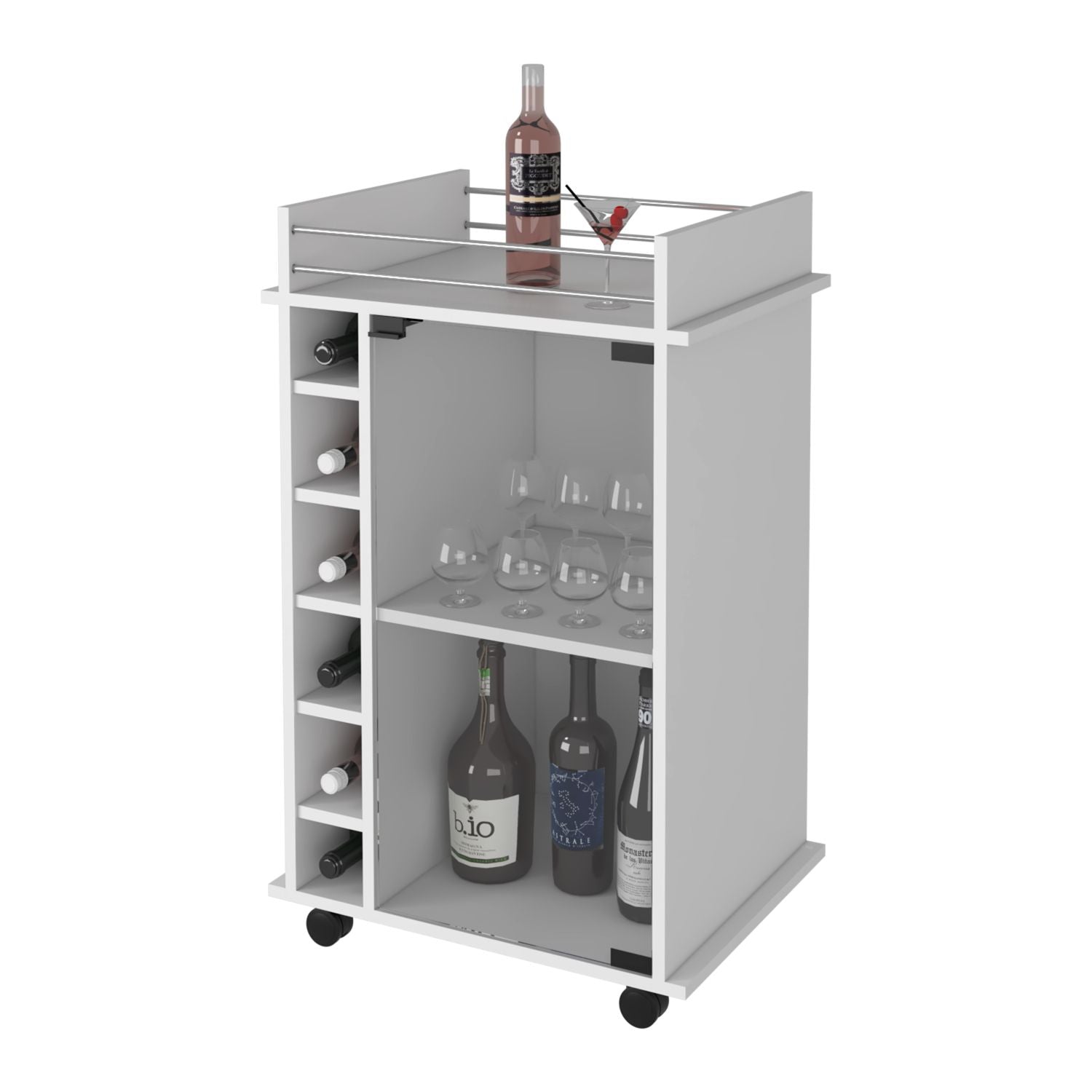 Vegas Bar Cart, Two Tier Cabinet With Glass Door, Six Cubbies For Liquor - Comfortable Living Decor