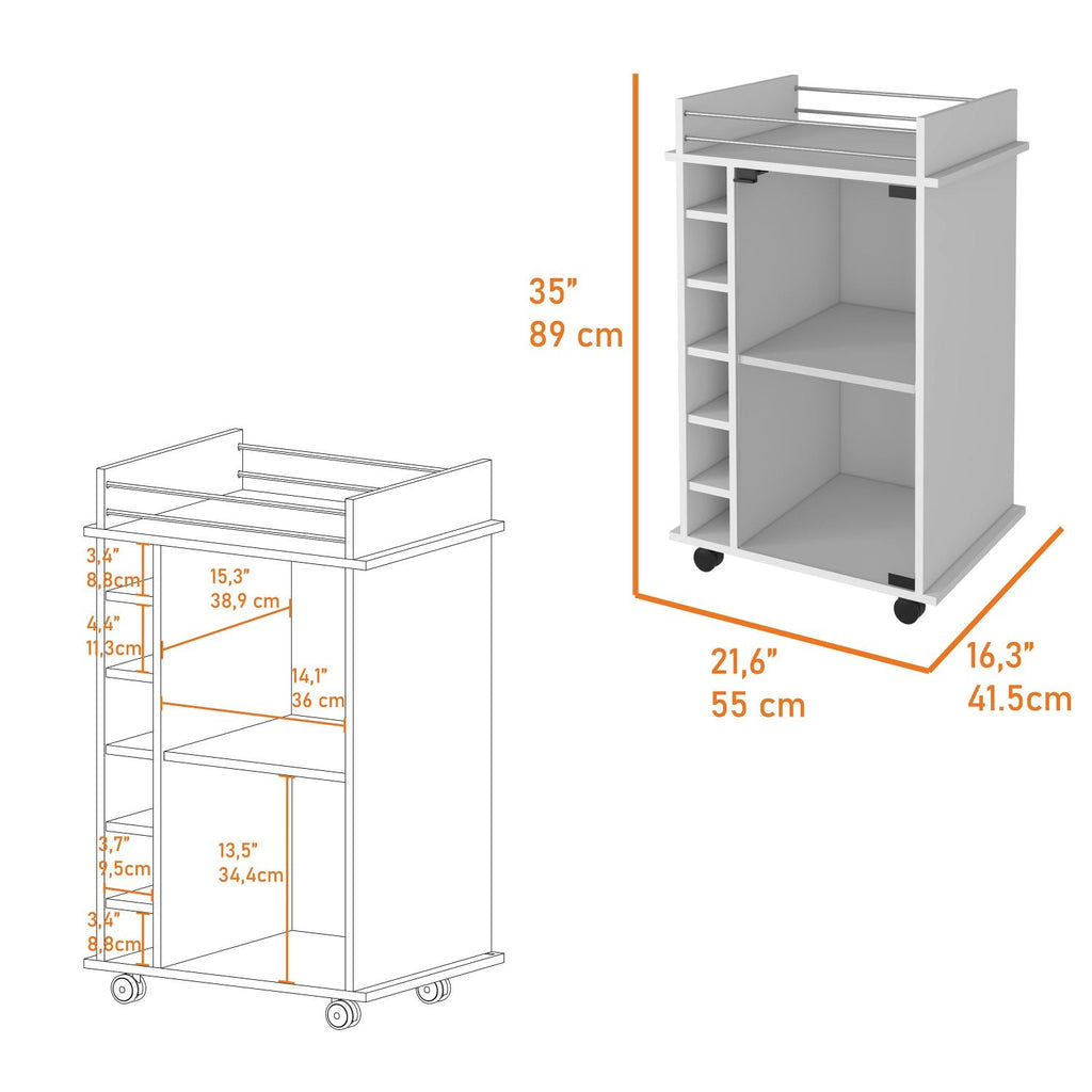 Vegas Bar Cart, Two Tier Cabinet With Glass Door, Six Cubbies For Liquor - Comfortable Living Decor
