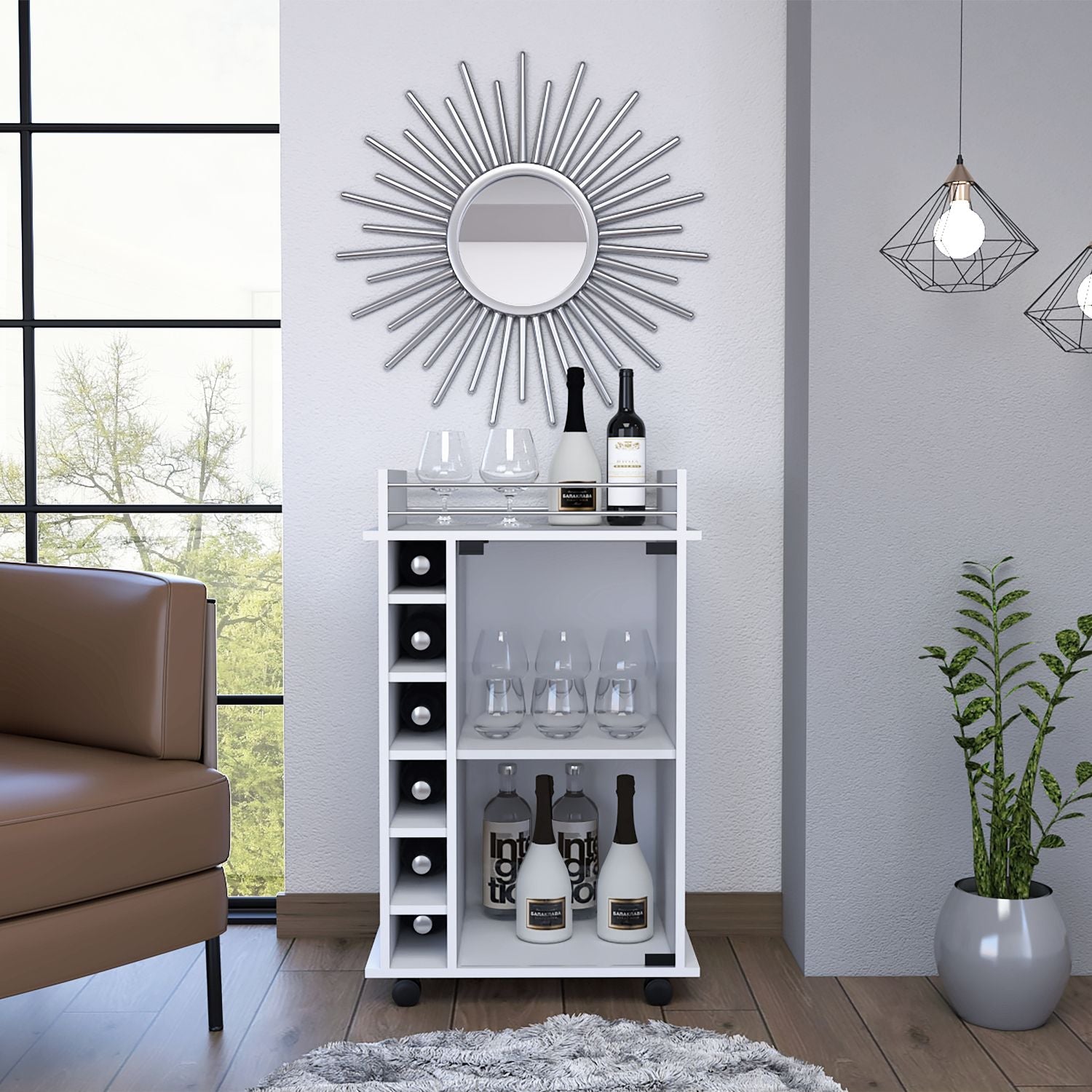 Vegas Bar Cart, Two Tier Cabinet With Glass Door, Six Cubbies For Liquor - Comfortable Living Decor