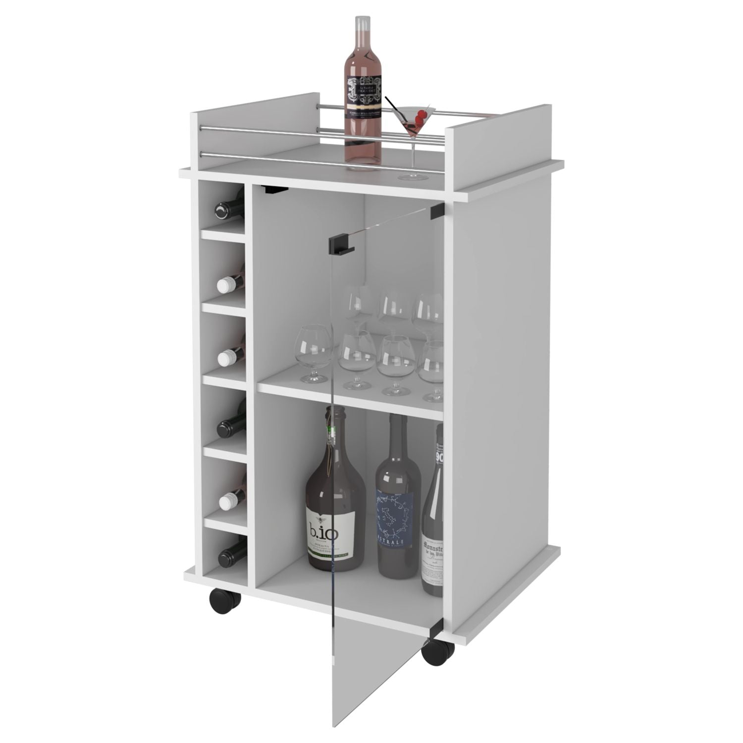 Vegas Bar Cart, Two Tier Cabinet With Glass Door, Six Cubbies For Liquor - Comfortable Living Decor
